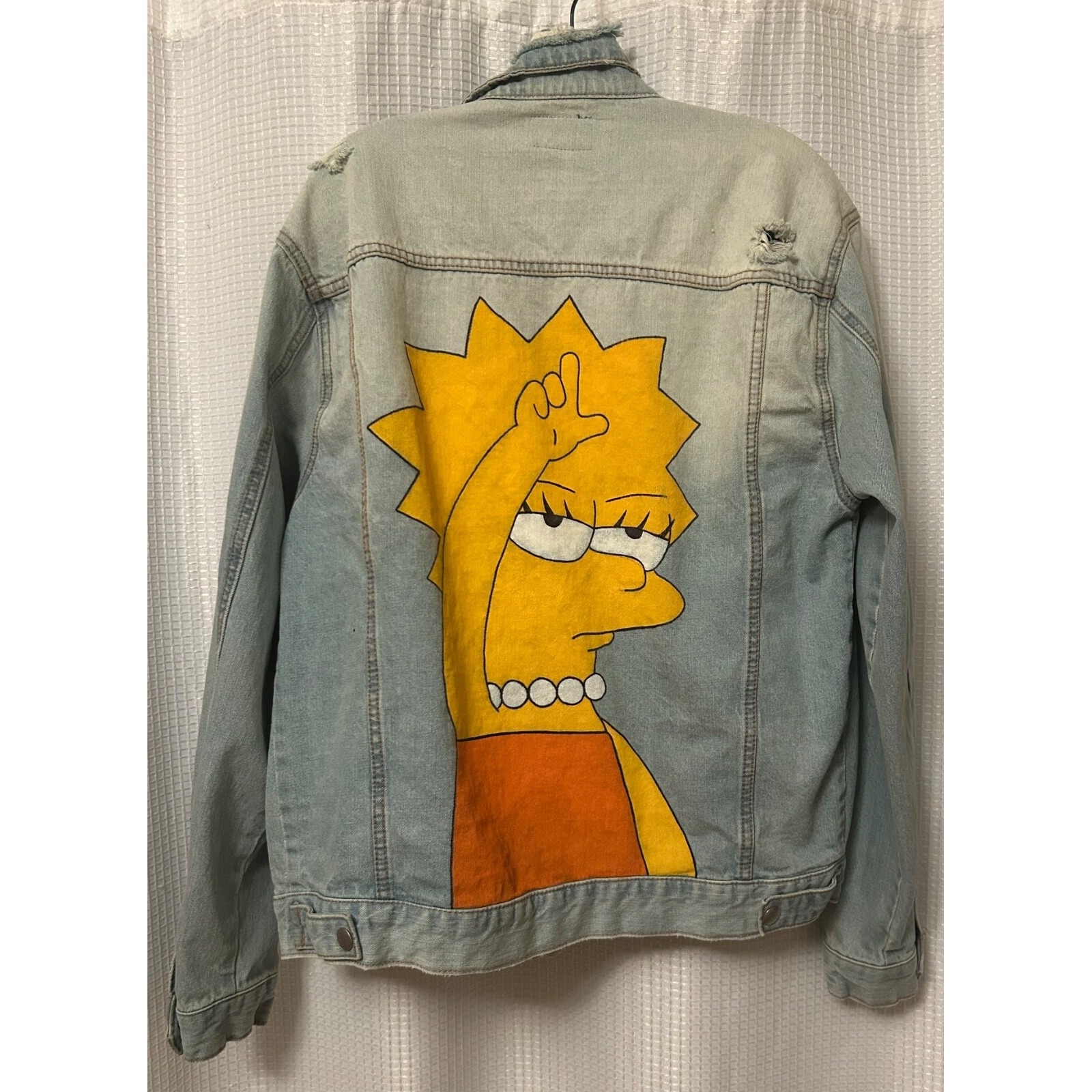 Lisa Simpson Hand Painted Denim Jacket Mens Size M The Simpsons Distressed Art
