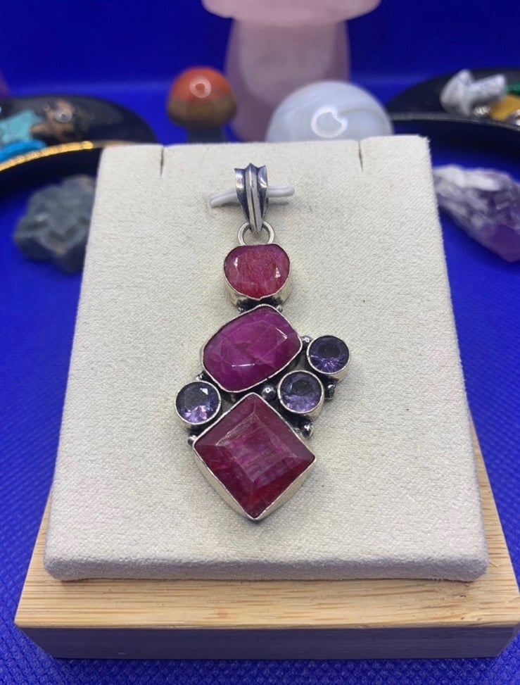 Stunning Multi-Stone Natural Ruby & Amethyst Pendant, Sterling Overlay, Handmade