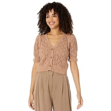 Saltwater Luxe Tan Crochet Knit Cropped Cardigan Sweater Cottagecore Y2K- S