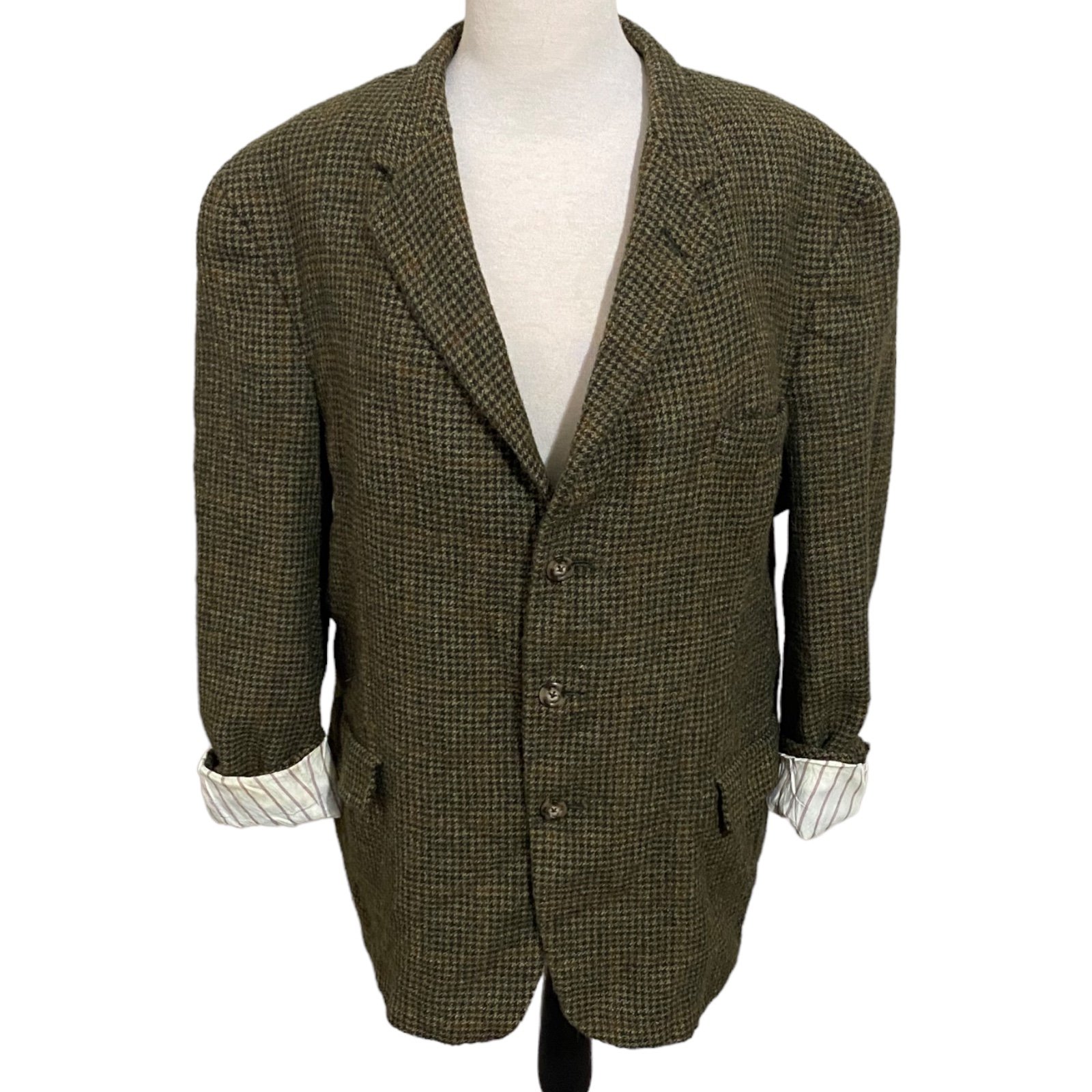 VTG TOMMY HILFIGER Sport Coat Mens Blazer 47R Olive Green Houndstooth Wool USA