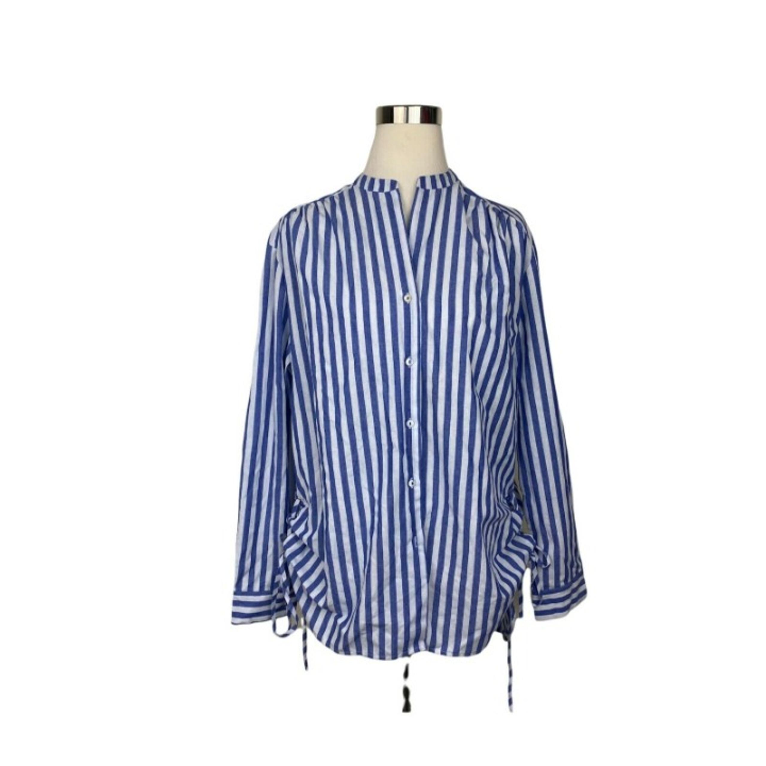 Sam Edelman Shirt blouse button down blue white L large 100% cotton striped