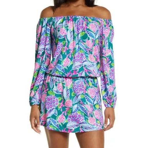 Lilly Pulitzer Romper Dress Lana Off The Shoulder in Maldives Green Turtle XXS