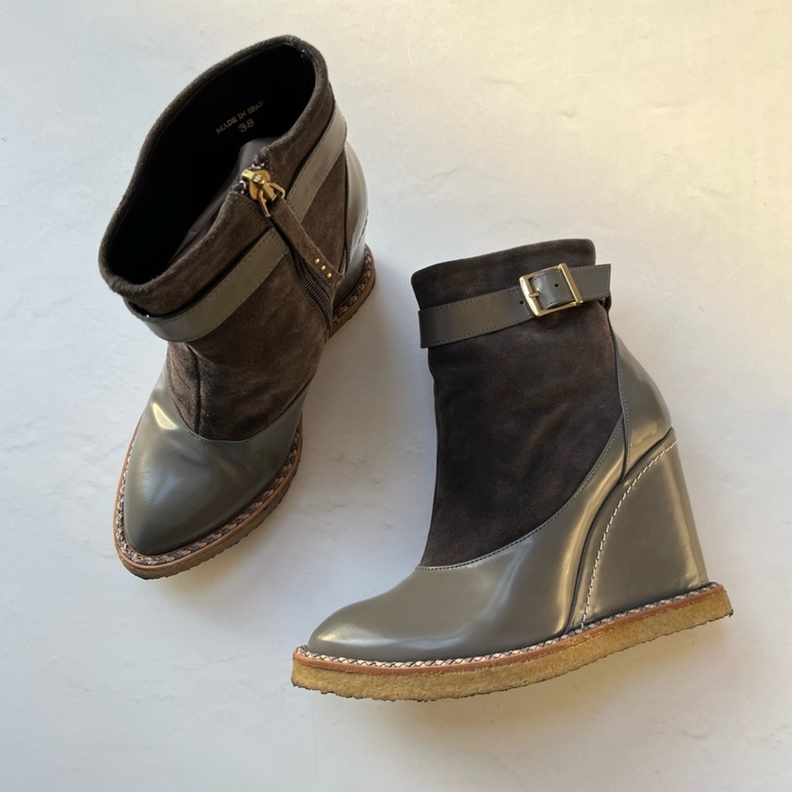 [paloma barcelo] RARE indo suede leather wedge buckle ankle booties gray 38