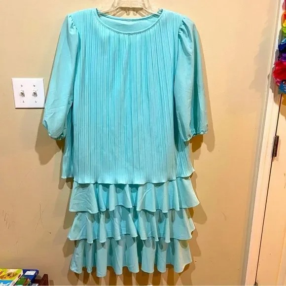 Turquoise Ruffled Pleated Multi Tiered Dress