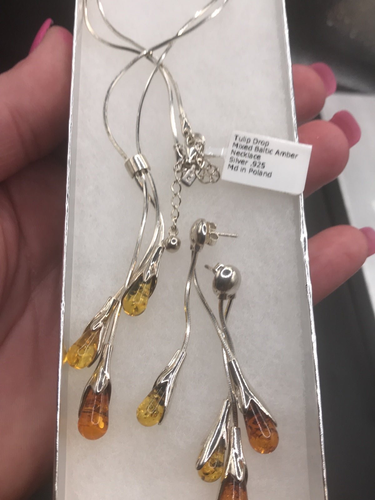 GORGEOUS STERLING SILVER BALTIC AMBER NECKLACE + EARRINGS #A439