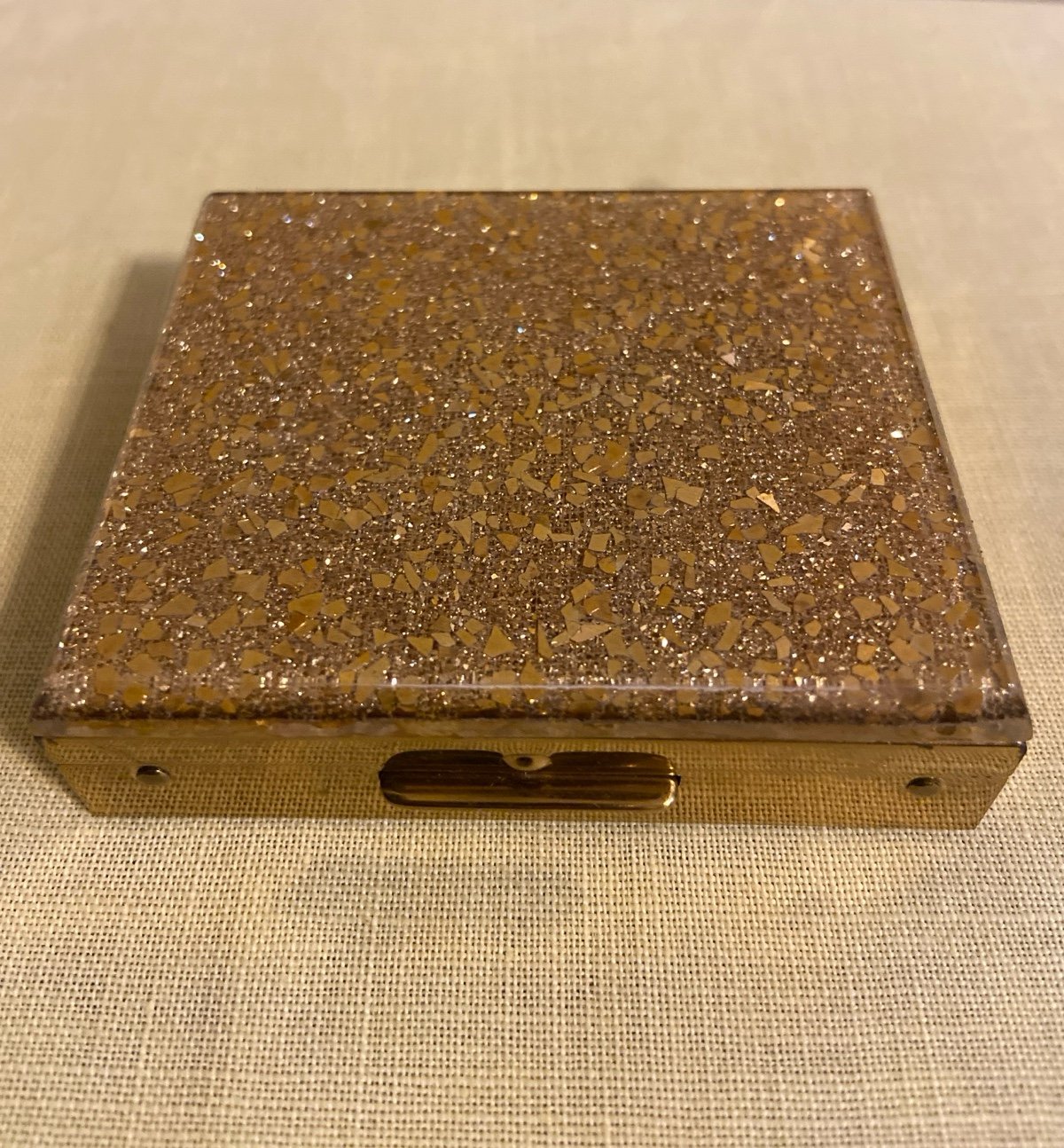 Vintage Gold Confetti/Gold Plated Powder Compact w/Mirror & Powder Puff