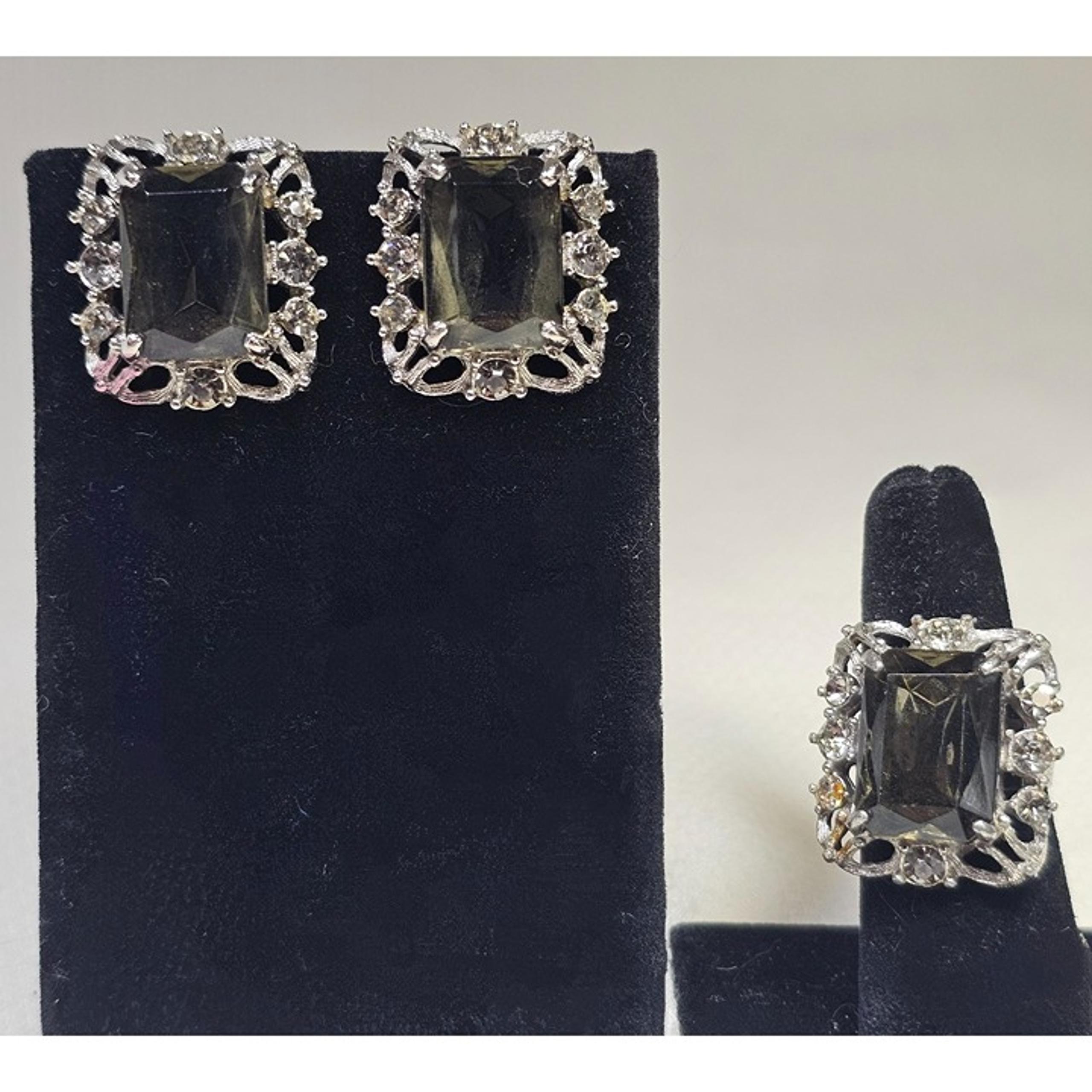 Sarah Coventry "Celebrity" Smokey Quartz Rhinestone Clip-On Earrings & Ring Set