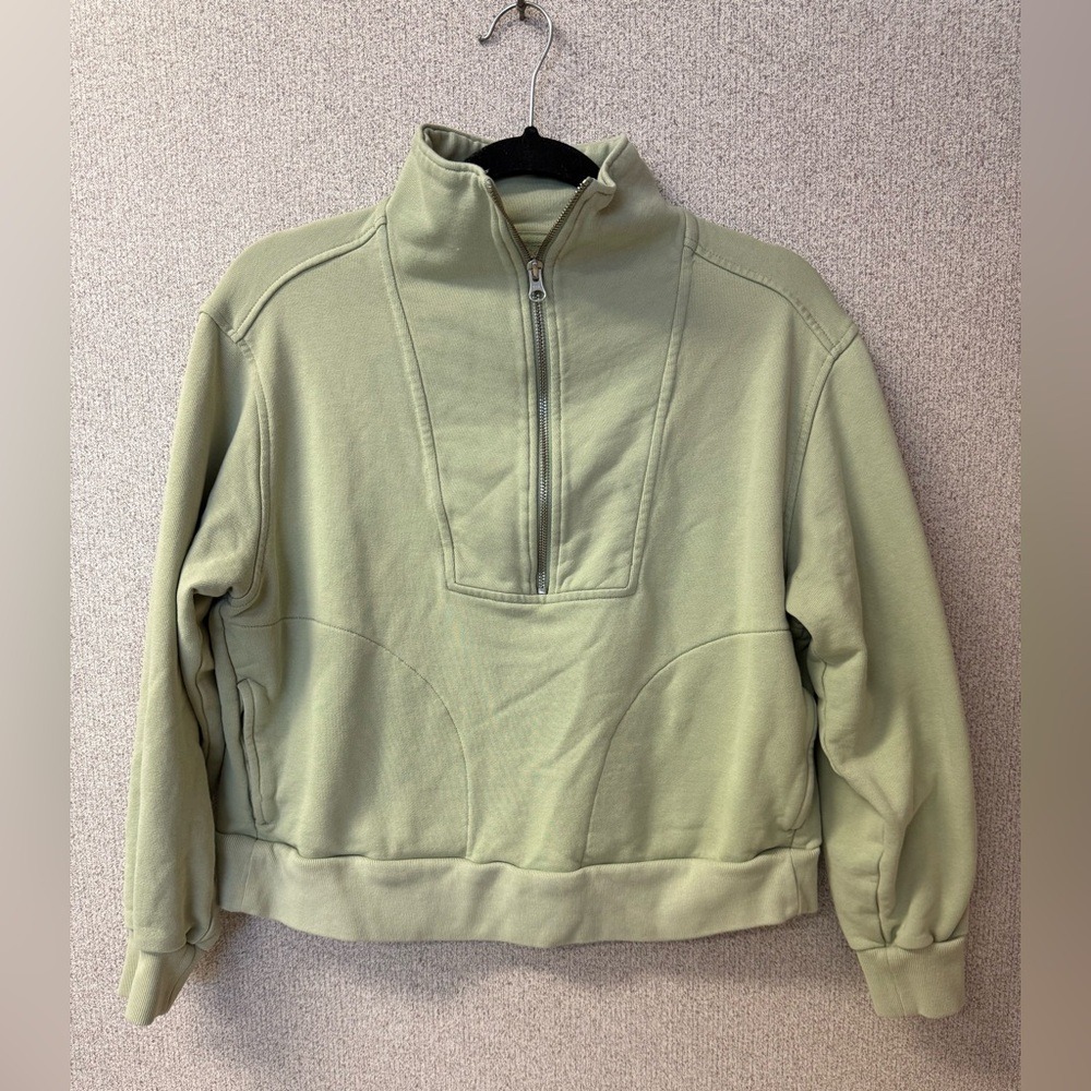 Everlane Women Small Organic Cotton Track 1/2 Zip Moc Green Long Sleeve Sweater