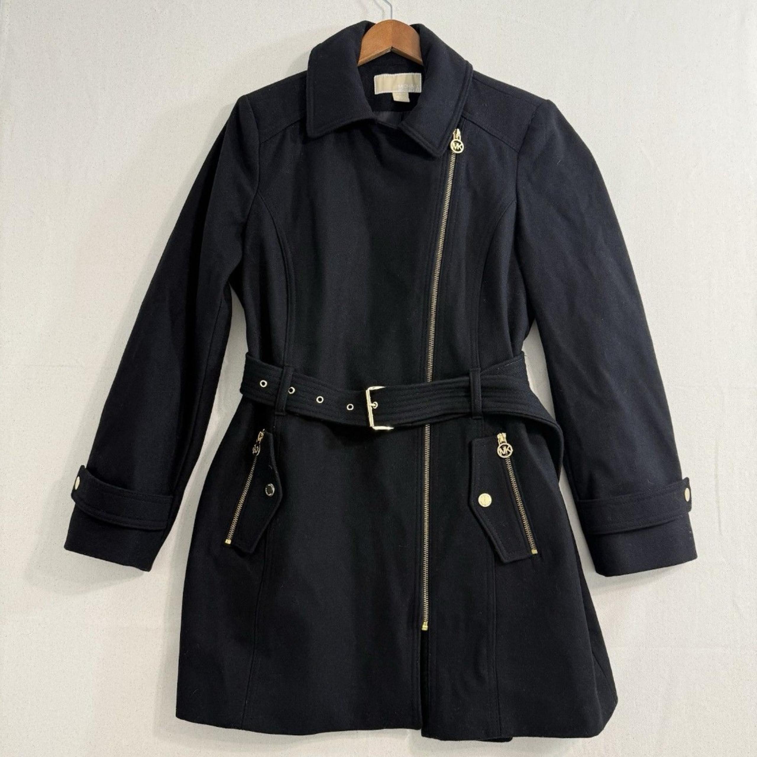 Michael Kors Women Belted Front-Zip Trench Coat Black Size Large