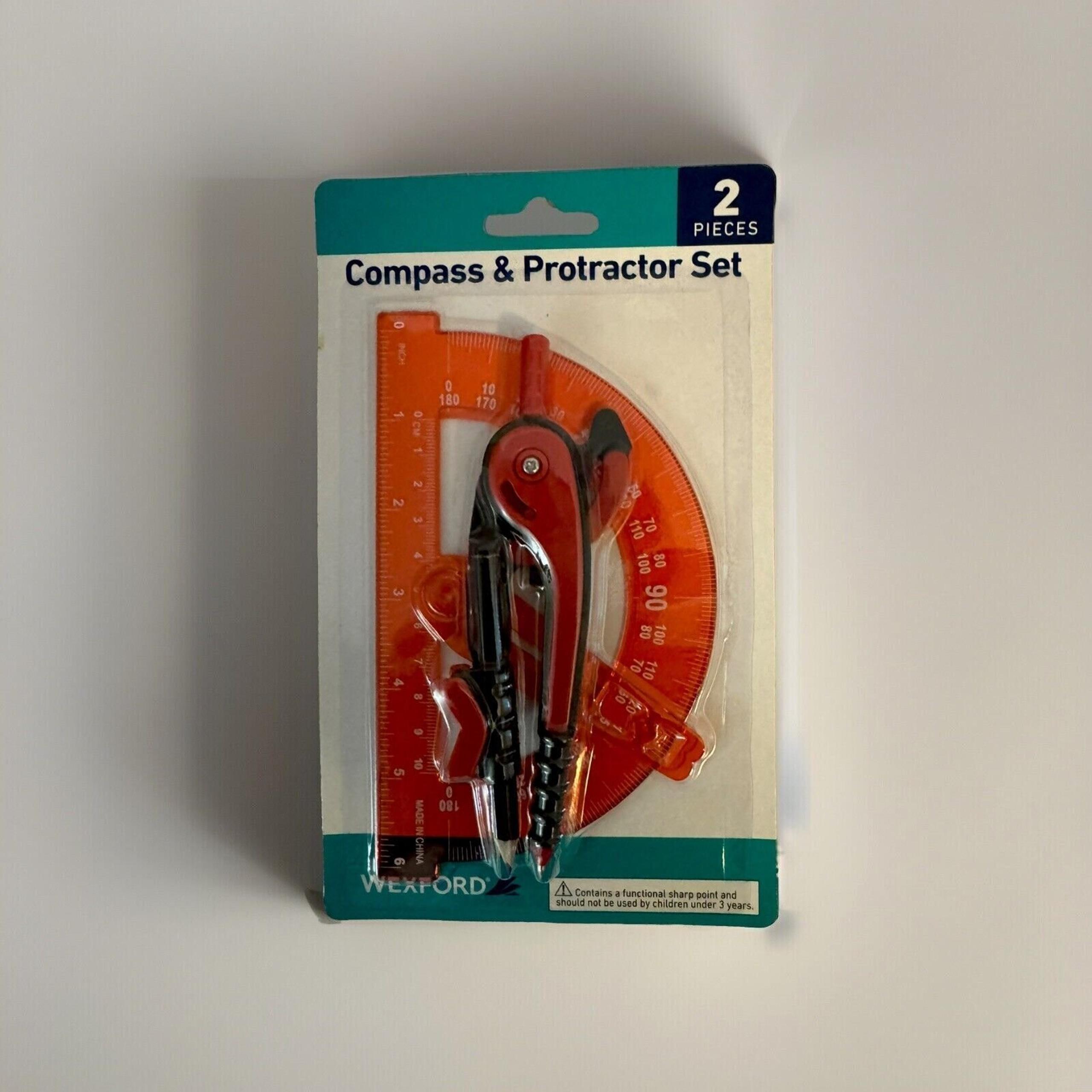 BRAND NEW/ FACTORY SEALED! 2 Piece Compass and Protractor Set- RED COLOR