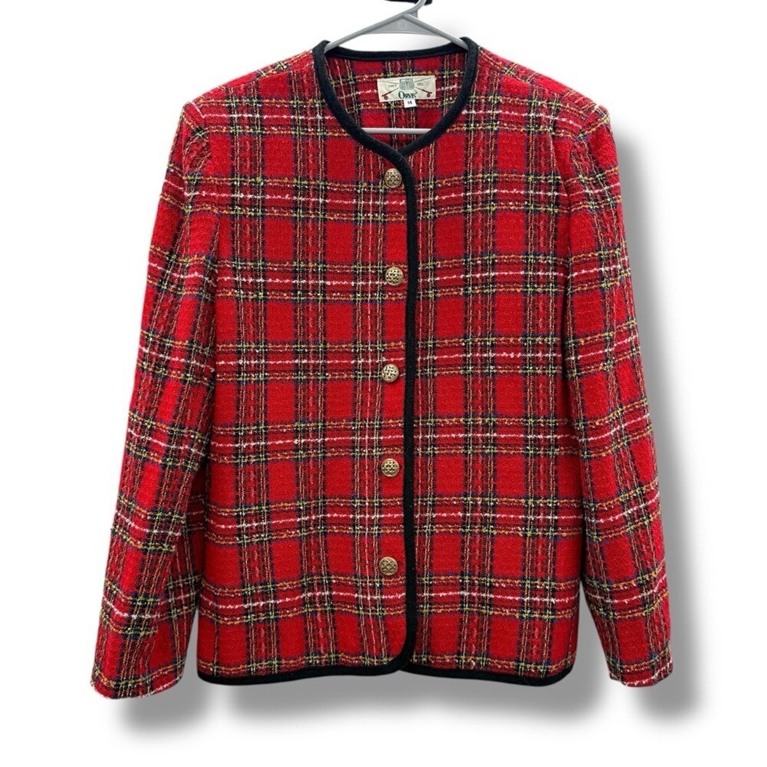 Vintage Orvis 70s Wool Red Black Plaid Tweed Blazer Jacket Sz 14 Made in USA