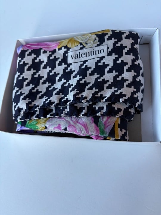 Vintage VALENTINO Silk Scarf Hand Rolled 32” Sq Purple Pink Floral Houndstooth