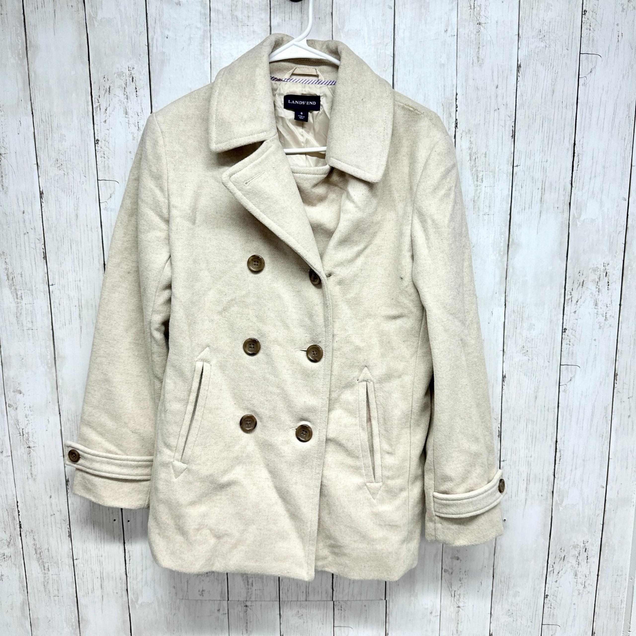 Lands' End Coat Women Sz 6 Cream Wool Double Breasted Peacoat Front Pockets