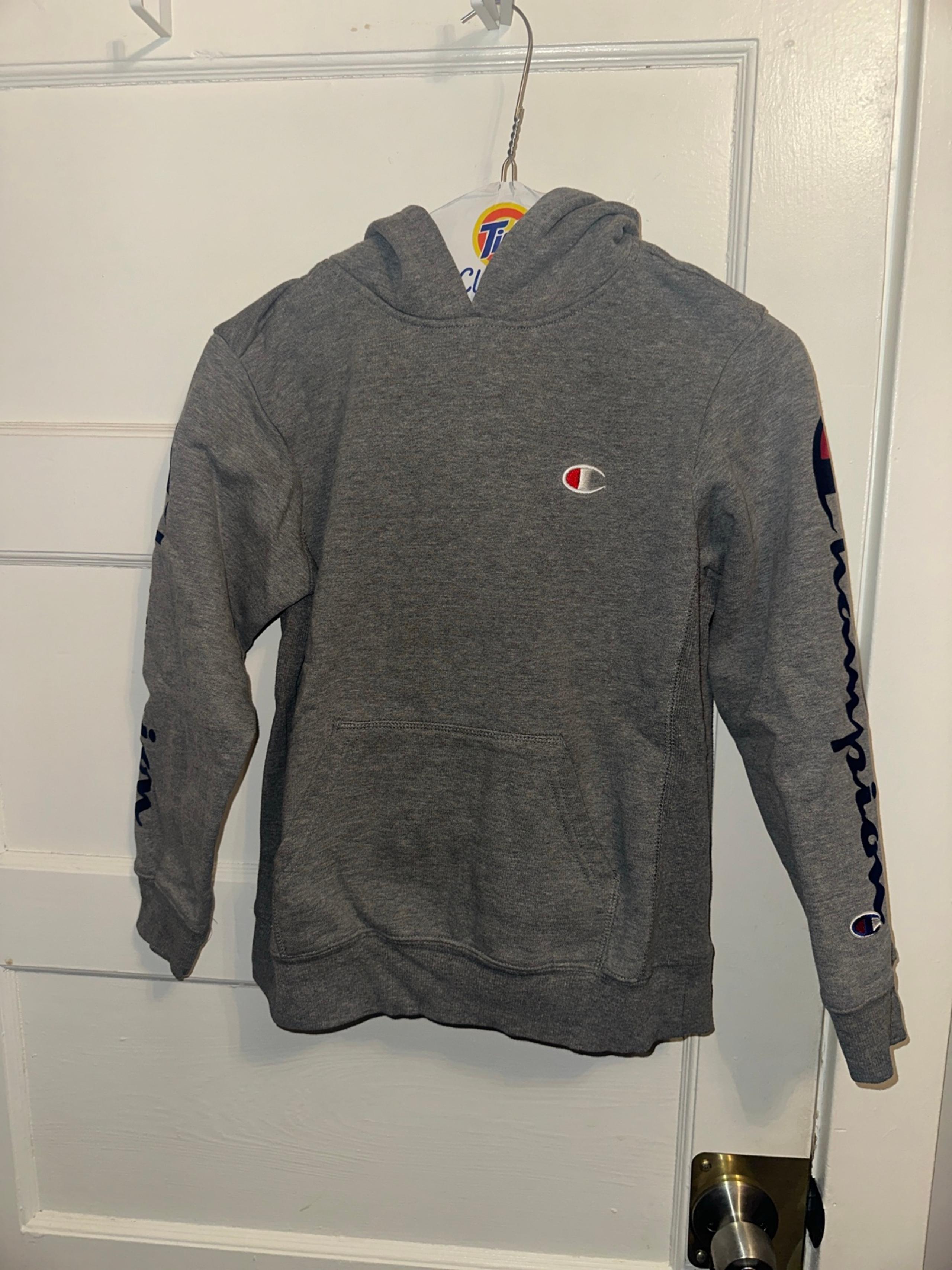 Champion Hoodie Sweatshirt Top Logo Print Pocket Kids Gray Pullover Big Size M