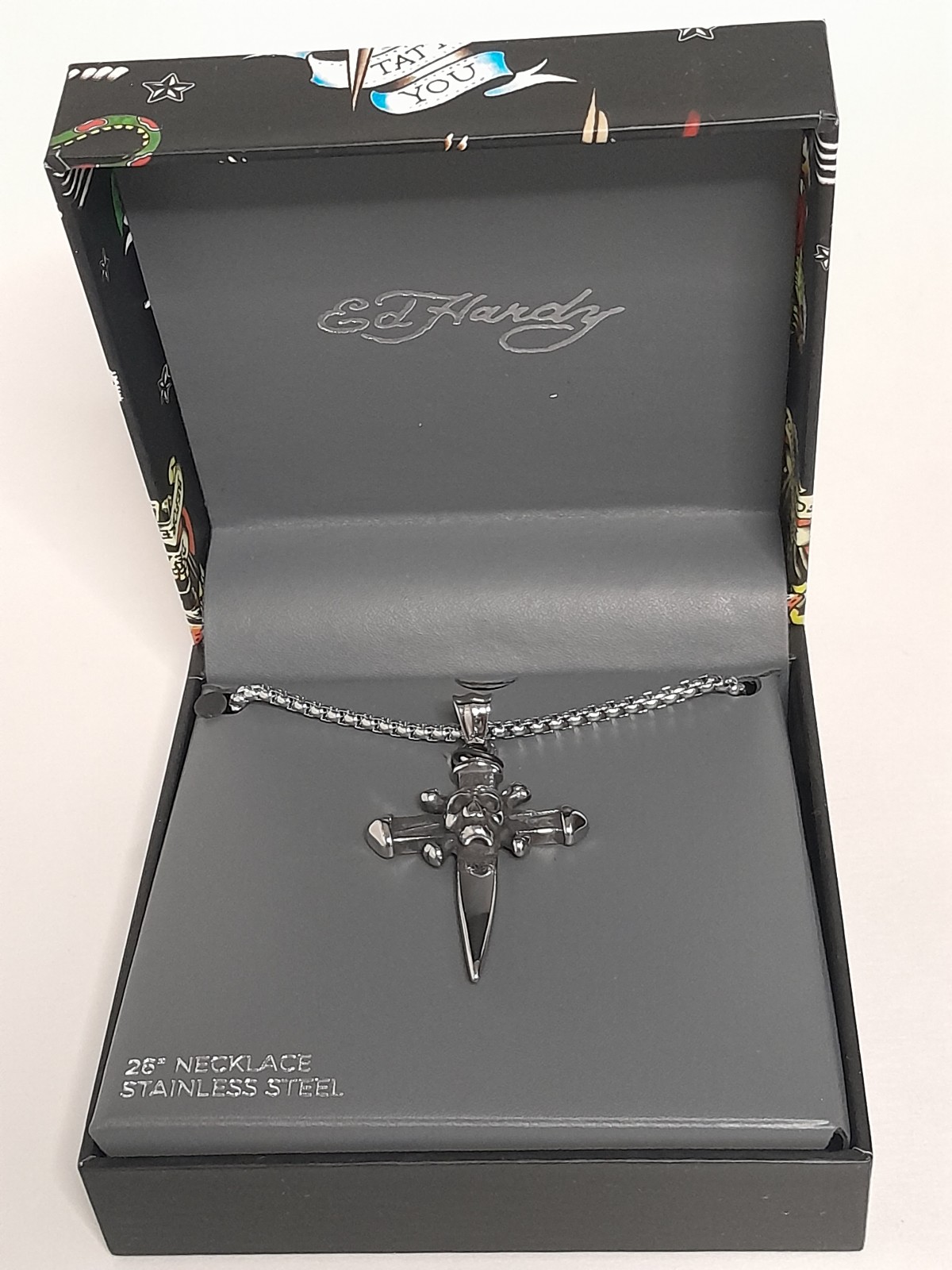 Ed Hardy Stainless Steel Skull & Crossbones Pendant Necklace