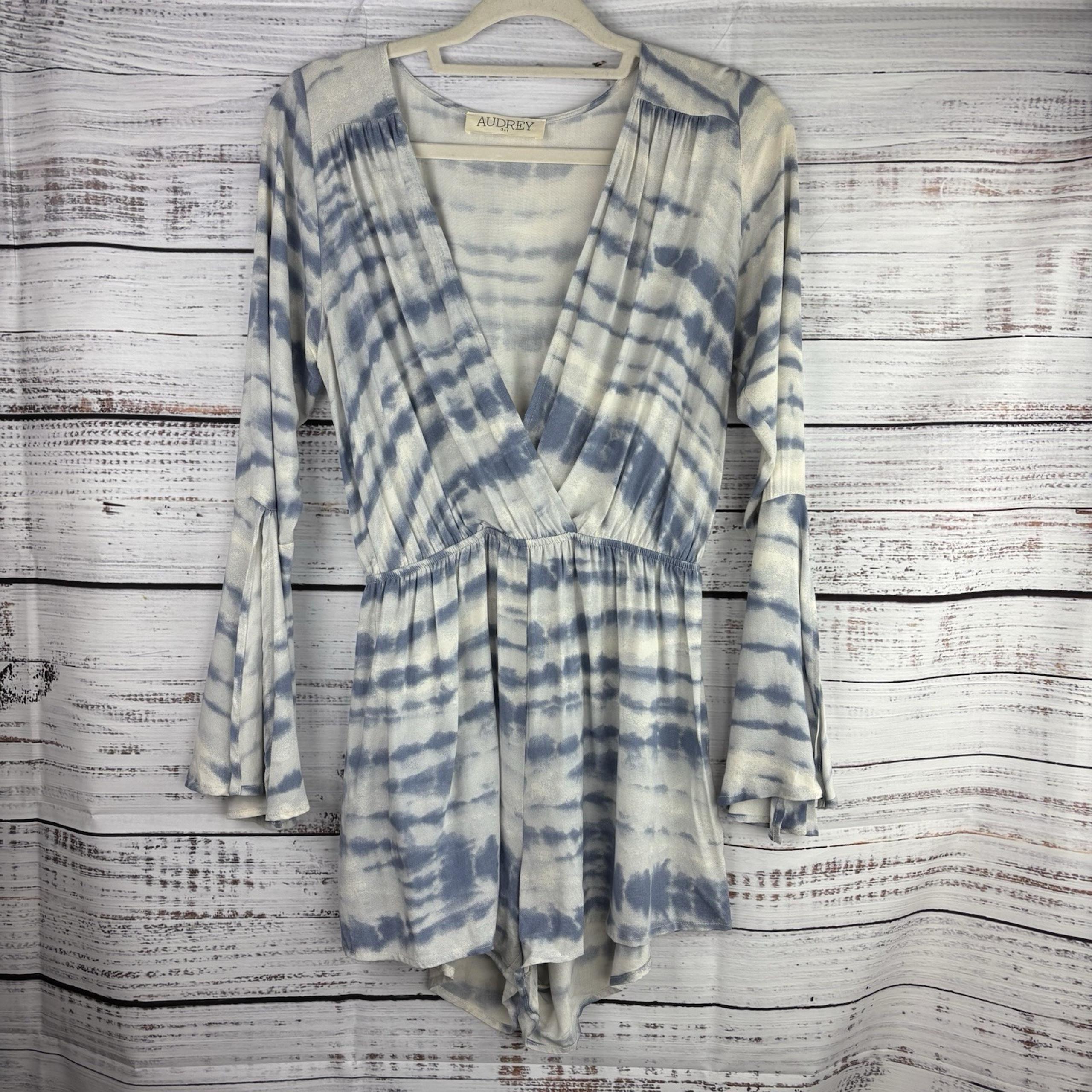 Audrey 3+1 Tie-Dye Print Long Bell Sleeve Faux Wrap Romper Bohemian Women's M