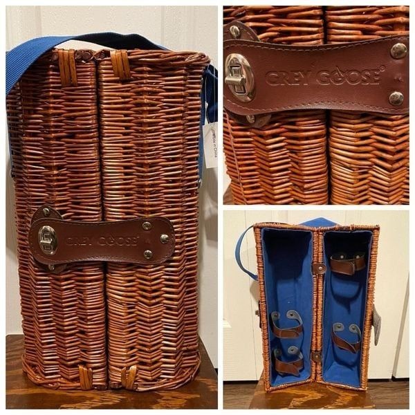 NWT Grey Goose Wicker Wine Bottle and Glass Picnic Carrier Blue Fabric Strap