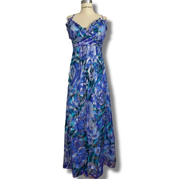 GORGEOUS Oleg Cassini Womens Blue Watercolor Metallic Silk Blend Maxi Dress sz 6