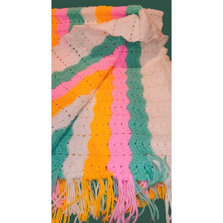 Handmade Multicolor Crochet Throw Baby Blanket With Fringe NEW