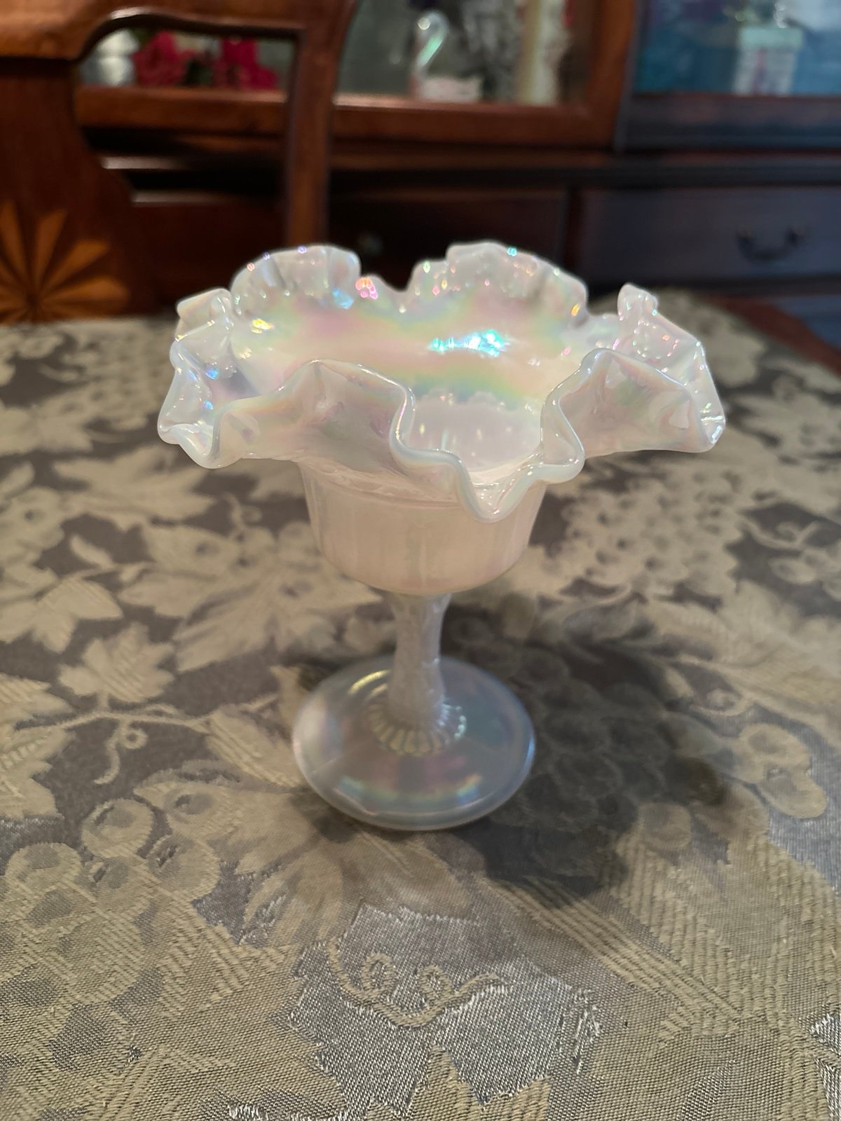 Pearl Opalescence ruffled edge, pedestal candy glass dish