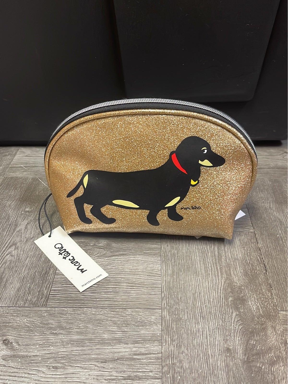 NWT Marc Tetro Dachshund Dog Gold Cosmetic Bag Case