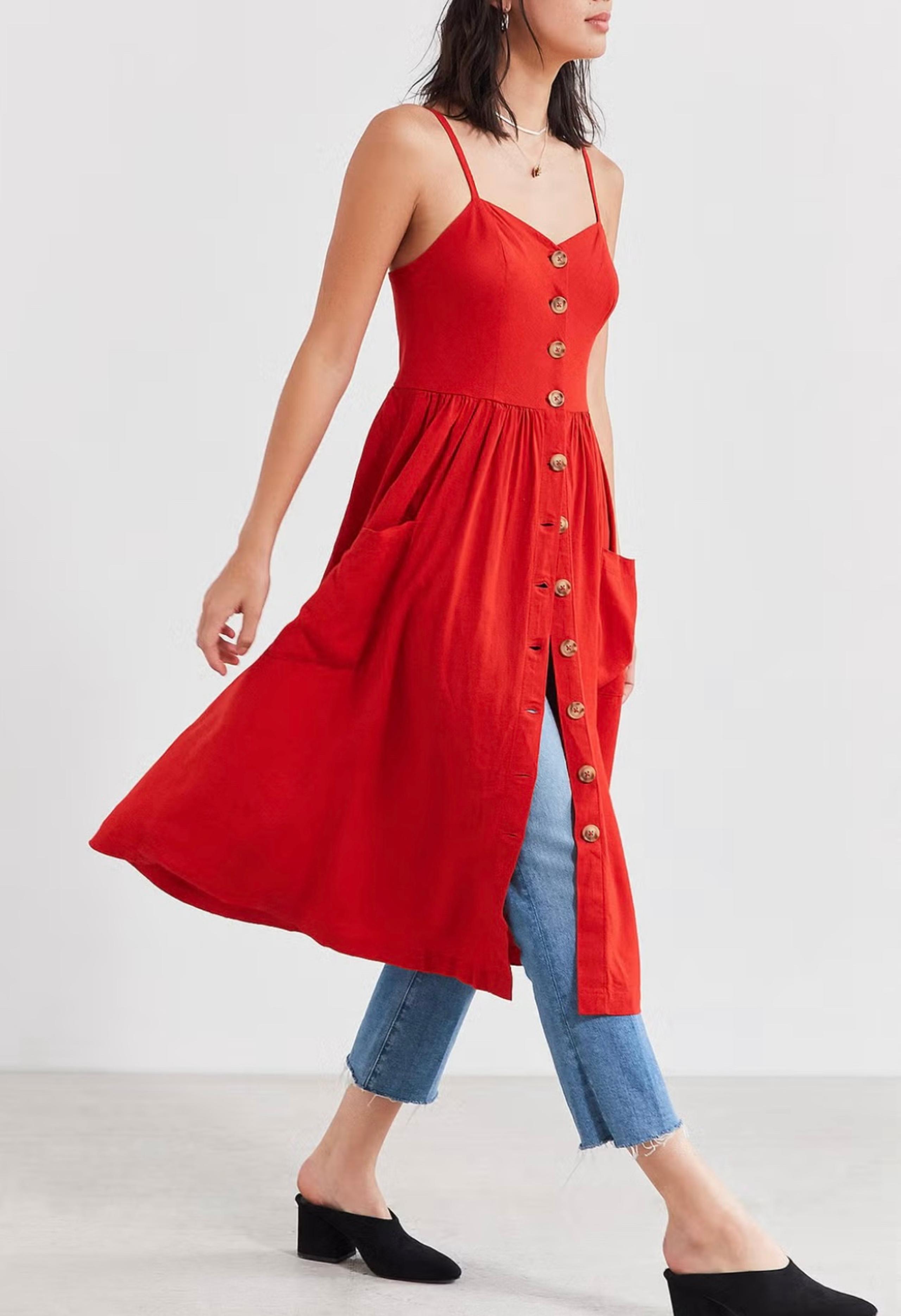 American Eagle Dress Women’s Large Red Linen Sleeveless Button-Front A-Line Midi