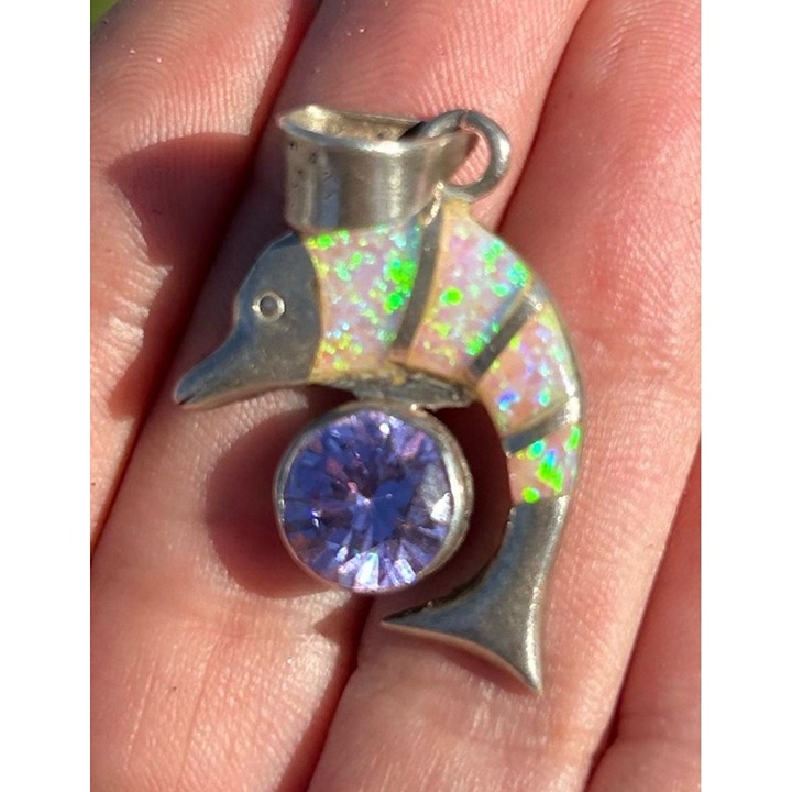 Vintage 950 Sterling silver Opal Inlay & Amethyst Dolphin Pendant