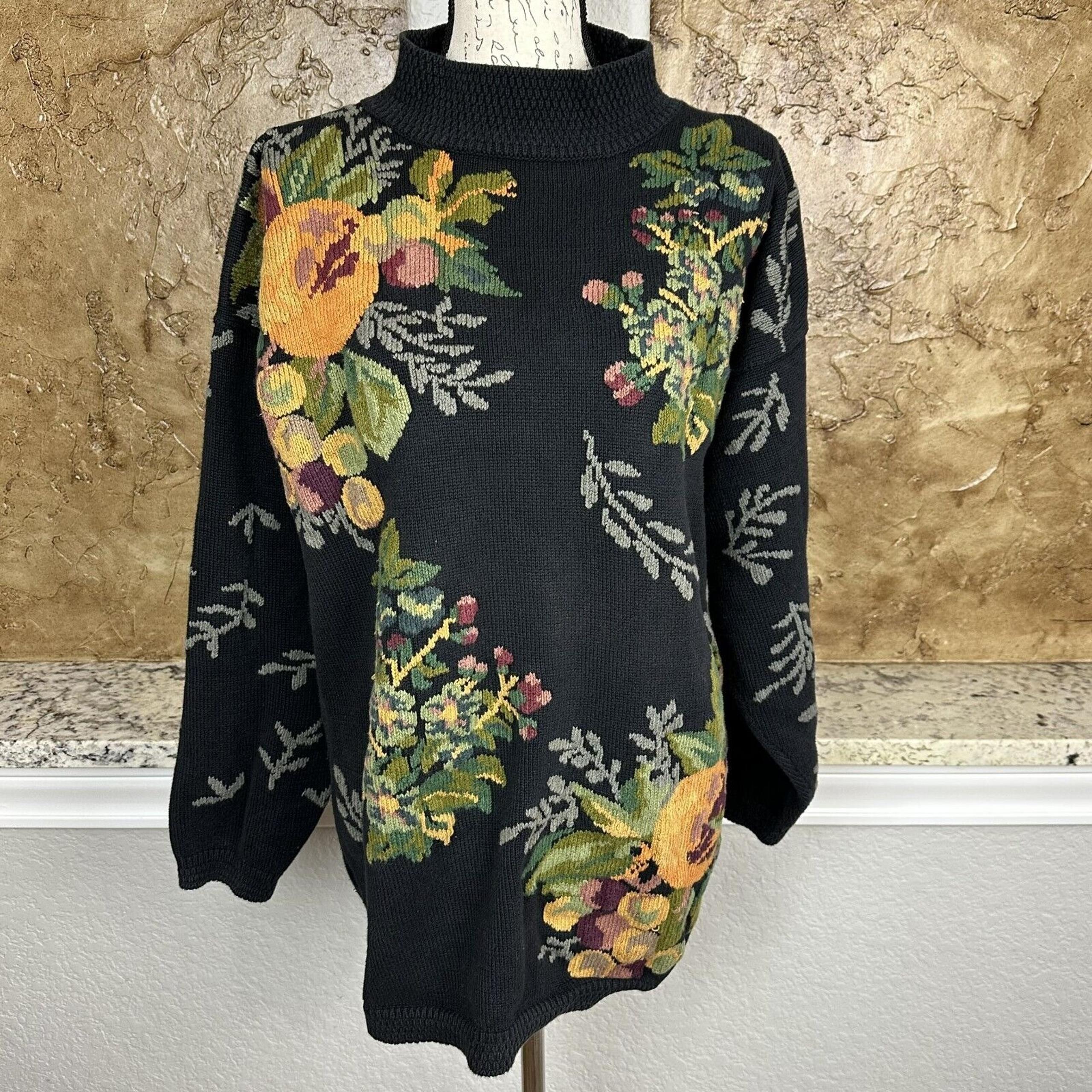 VTG Lands' End Mock Neck Sweater Women's Medium Black Floral 80s Grandmacore