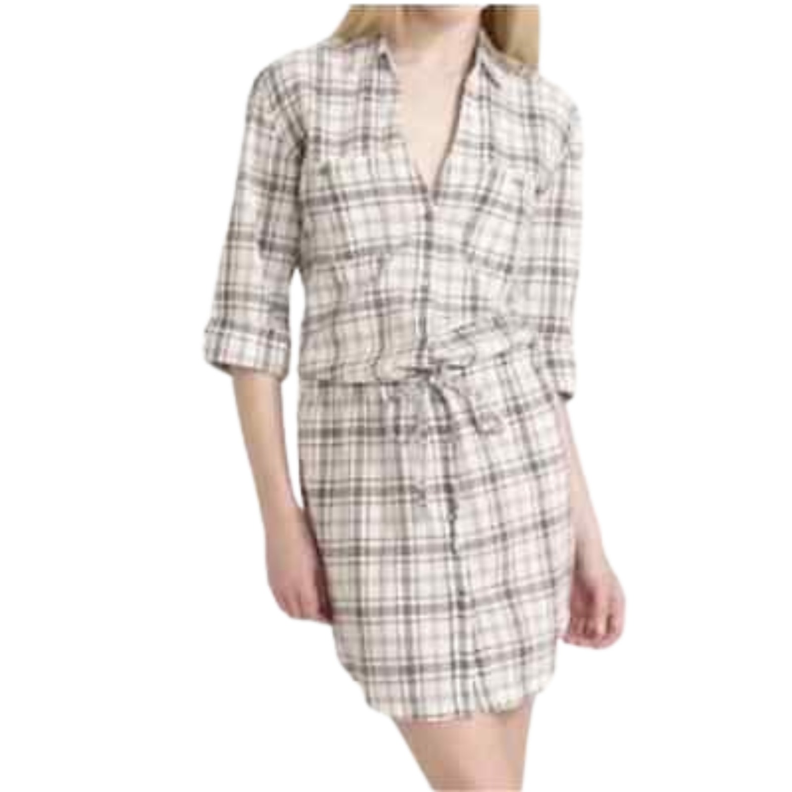 JAMES PERSE White Grey Plaid Shirt Dress Cotton Linen Cinched Women's 2 / Medium