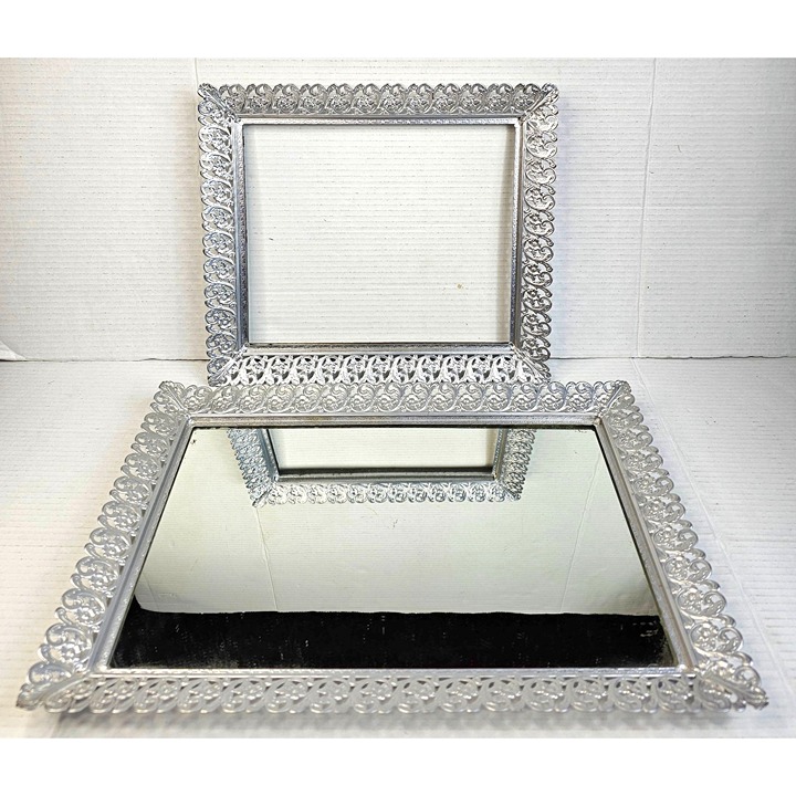 Vintage Ornate Silver Metal Filigree Vanity Mirror Tray & Photo Frame Set