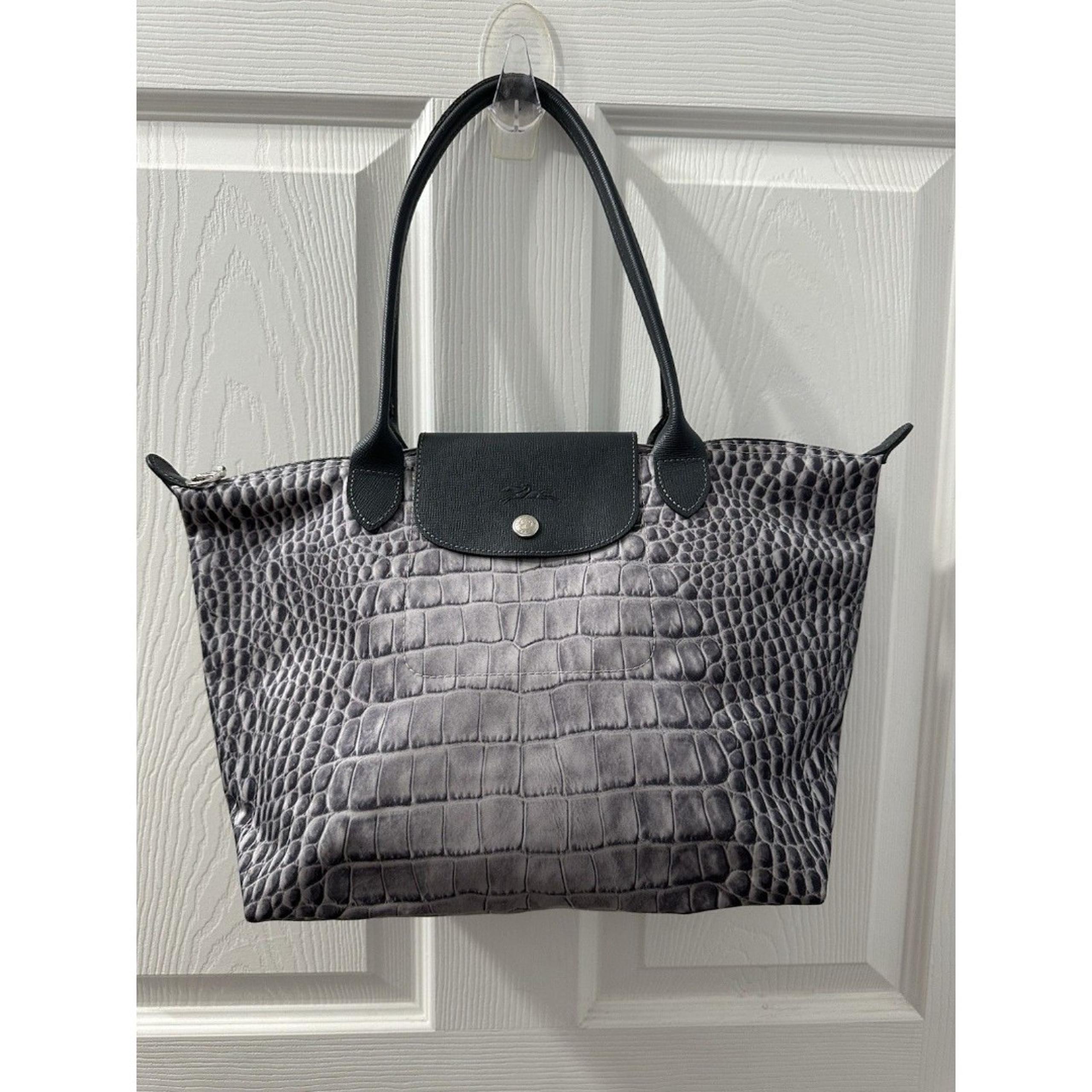 Longchamp Le Pliage Women's Tote Shoulder Bag Medium Croc Print Silver Gray
