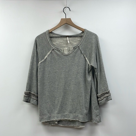Free People Woven Knit 3/4 Flared Sleeve Oversized Pullover Shirt Grey XS
