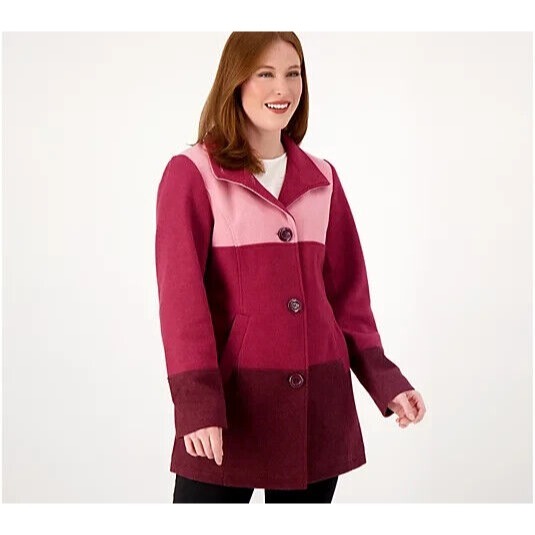 Isaac Mizrahi Live! Faux Wool Color Block Coat Wine Combo,1X