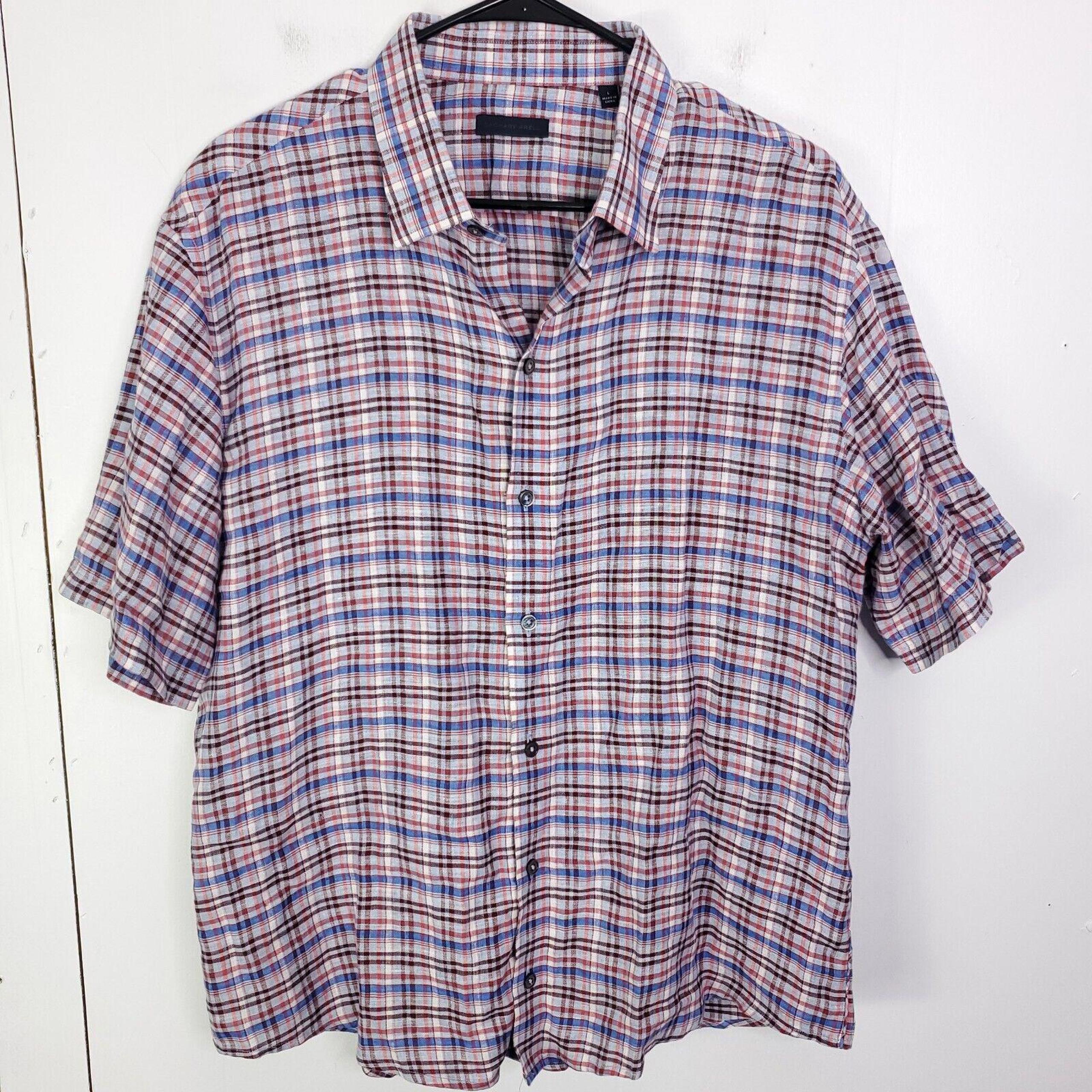 Zachary Prell Shirt Mens Large Linen Short Sleeve Button Down Plaid Summer