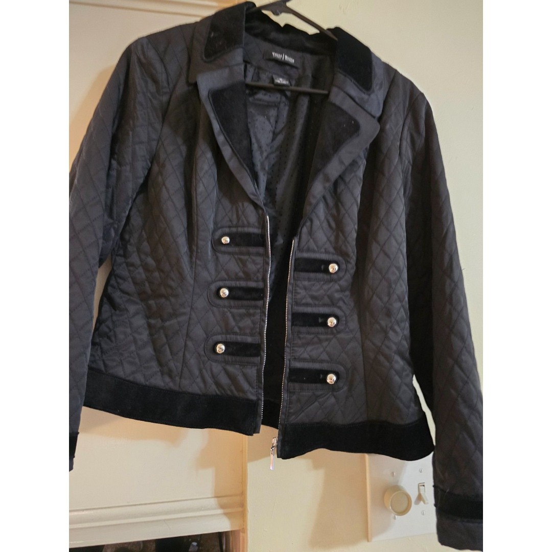 White House Black Market Black Quilted Military WM Jacket SZ 10 Suede Accents