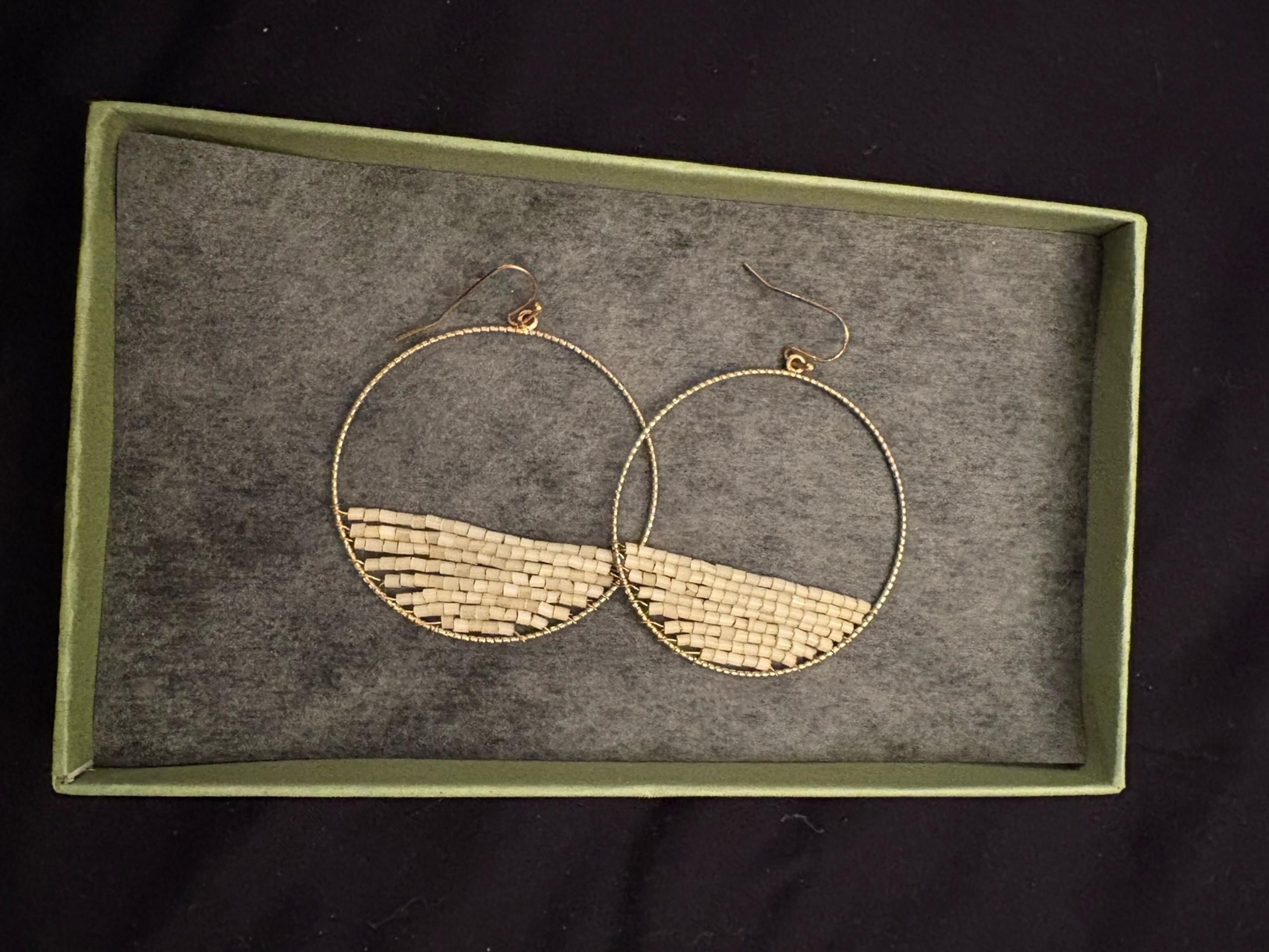 World Market Gold & White Beaded Crescent Hoop Earrings