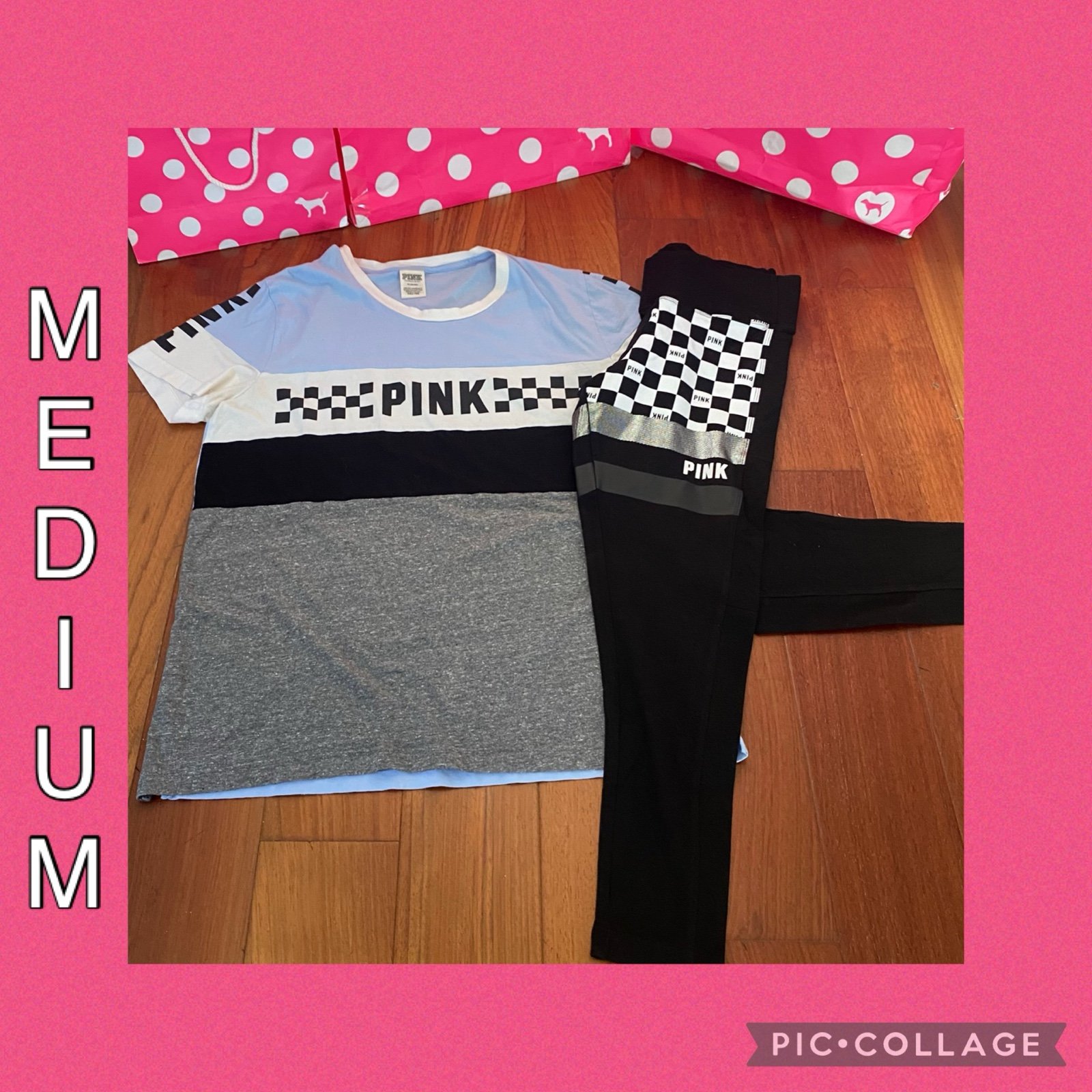VS PINK Checkerboard Leggings and Colorblock Checkered Campus T-Shirt - MEDIUM