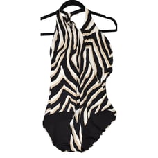 Trina Turk Vivant Asymmetric Zebra Print 1 Piece Swimsuit Designer Swim Size 14