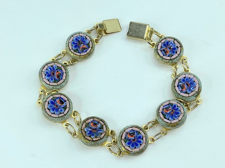 Early 20th Century Micro Mosaic Bracelet Round Links gold tone 7.5 GS276