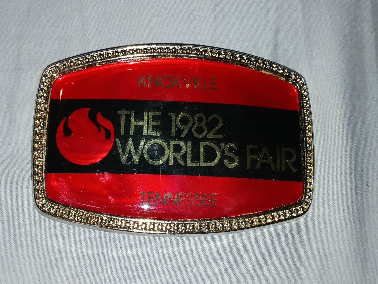 Vintage 1982 World's Fair Knoxville TN Energy Turns World Red Black Belt Buckle