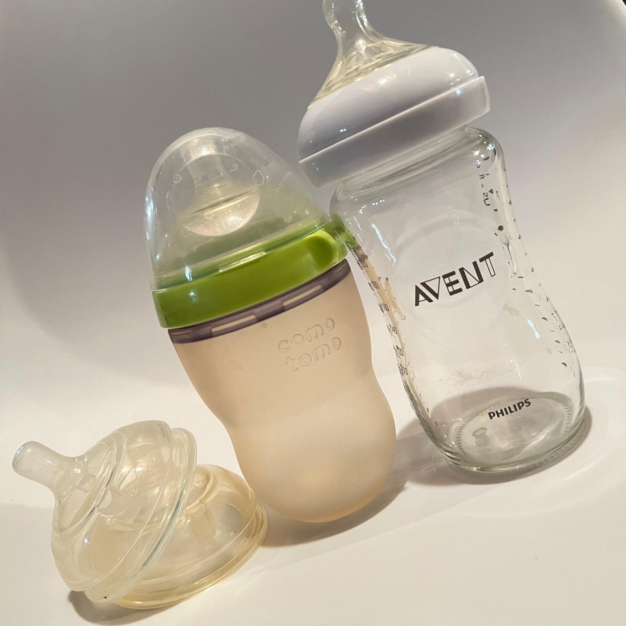 Come tomo baby milk bottle and philips AVENT glass bottle
