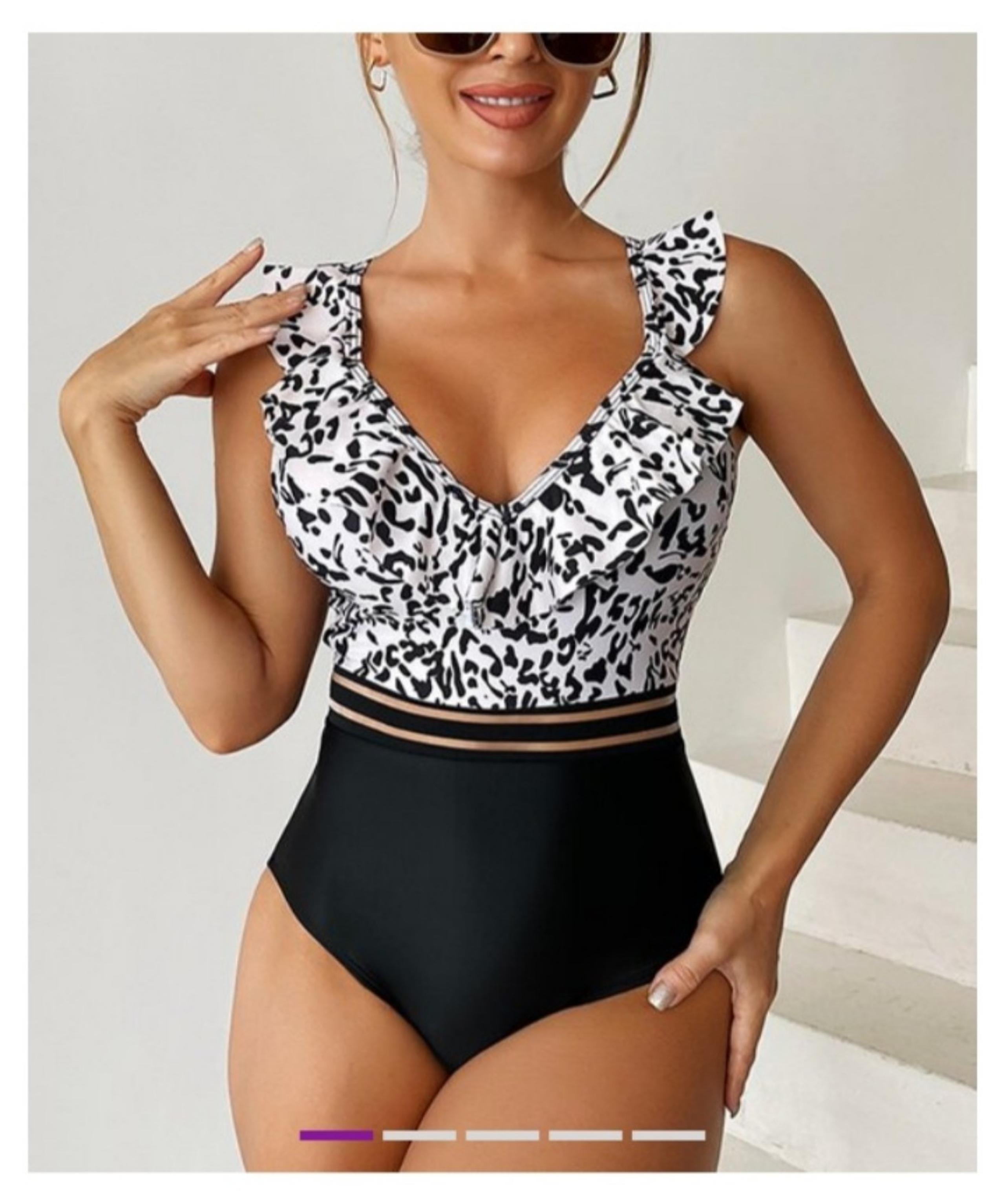 White and Black Ruffle Yoke Women's One Piece Swimsuit