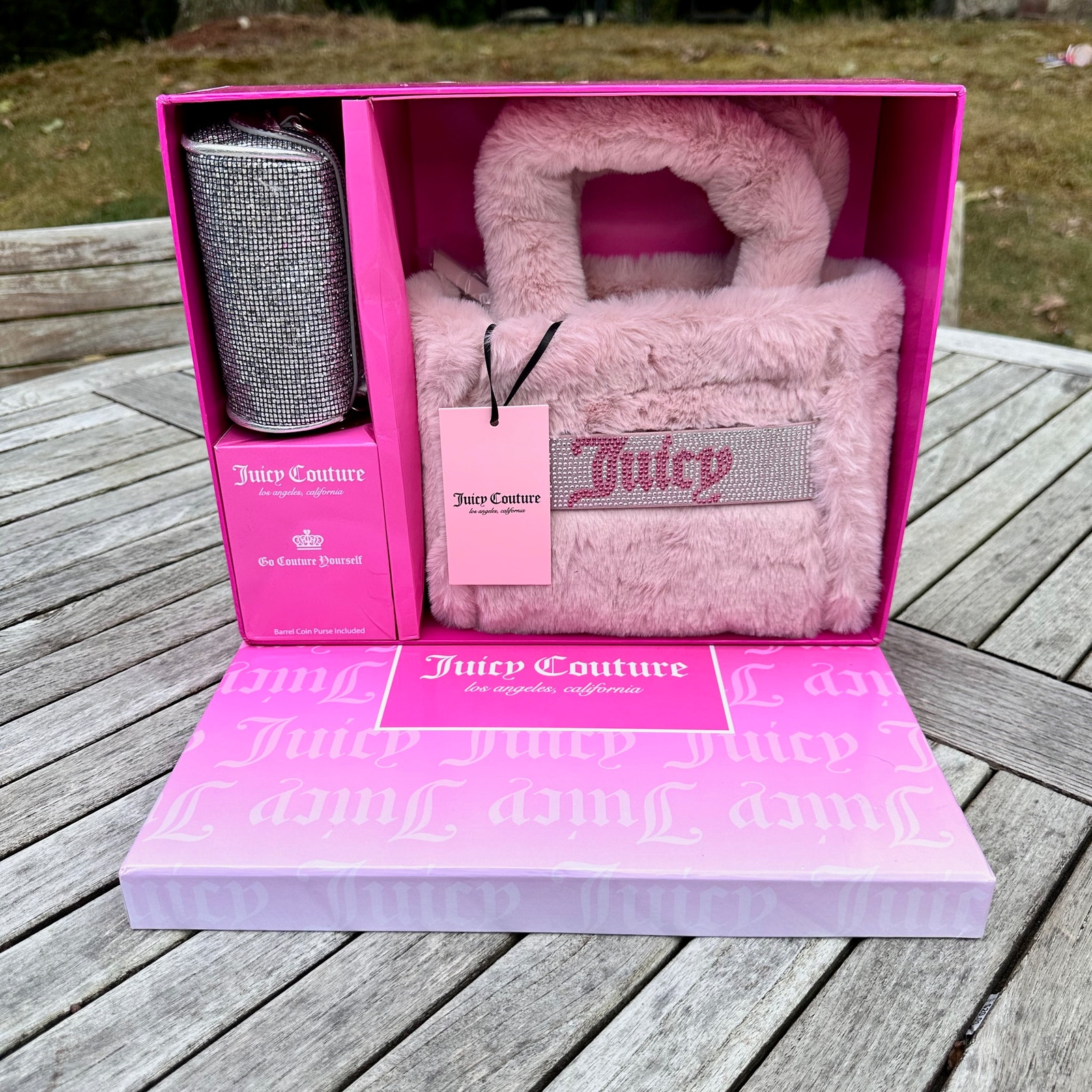 Juicy Couture Free Love Fuzzy Fluffy Mini Tote Dusty Blush Coin Purse Gift Set