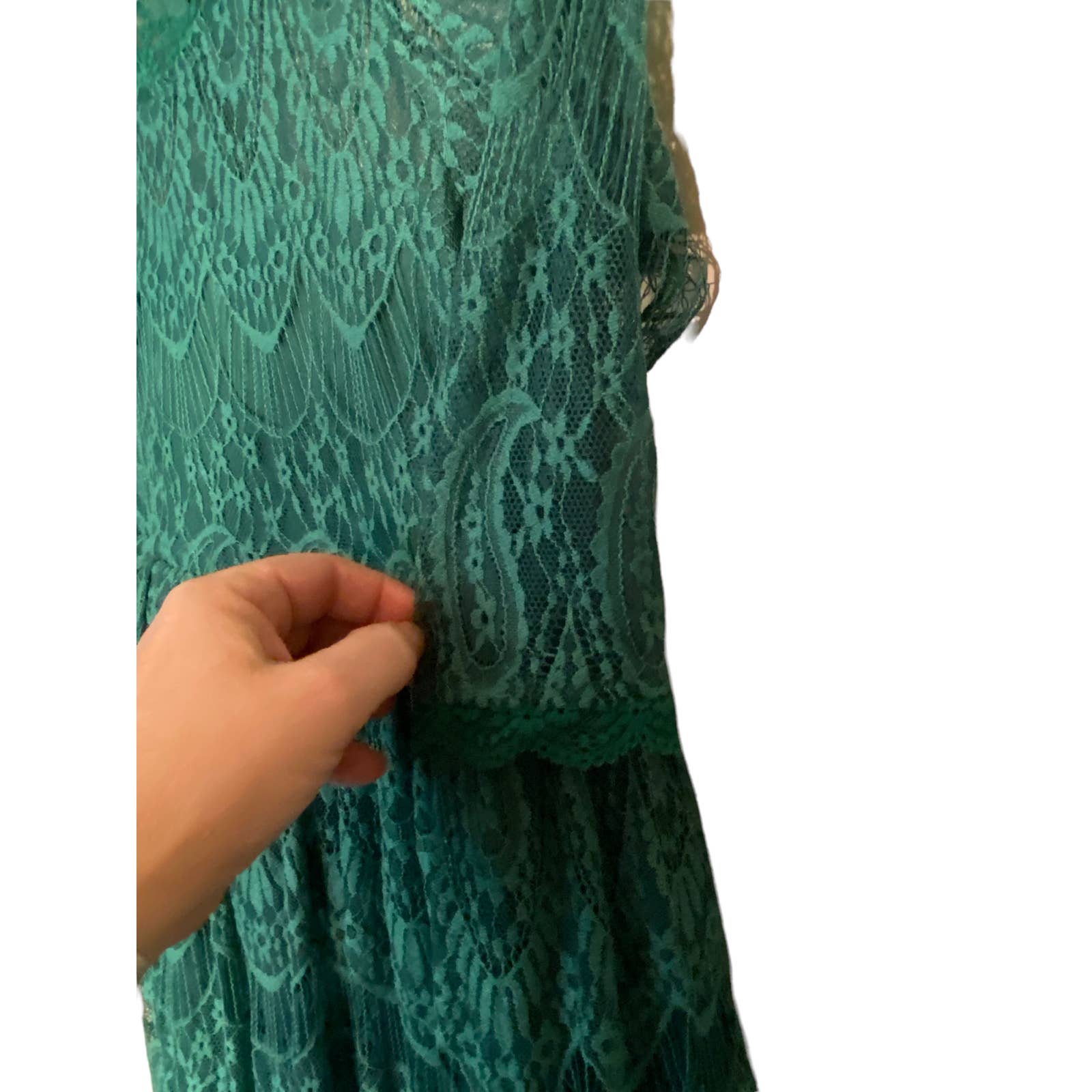Trish shops Skully Emerald Green lace midi dress quarter sleeves sz 14