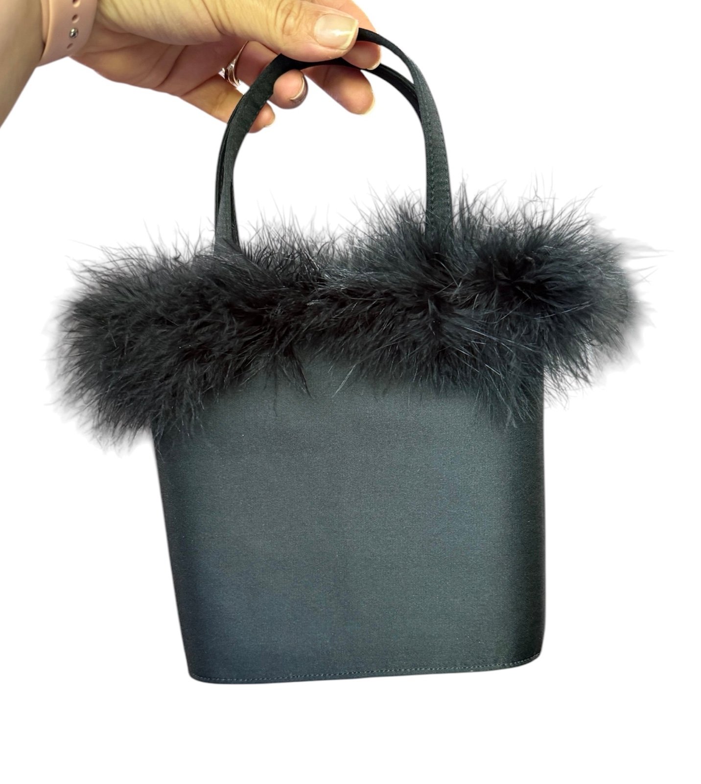 Kate Spade Feather Trimmed Satin Evening Bag in Black
