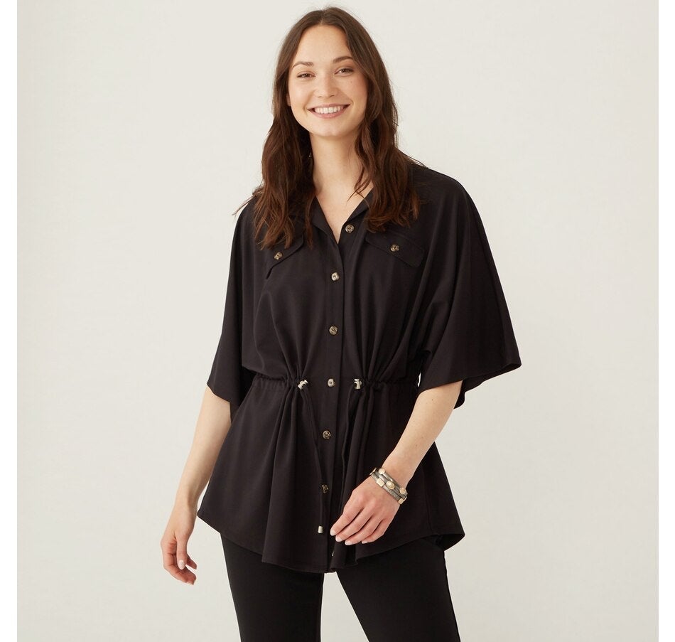 MarlaWynne Black Button-Front Shirt Jacket with Drawstring Waist NWOT