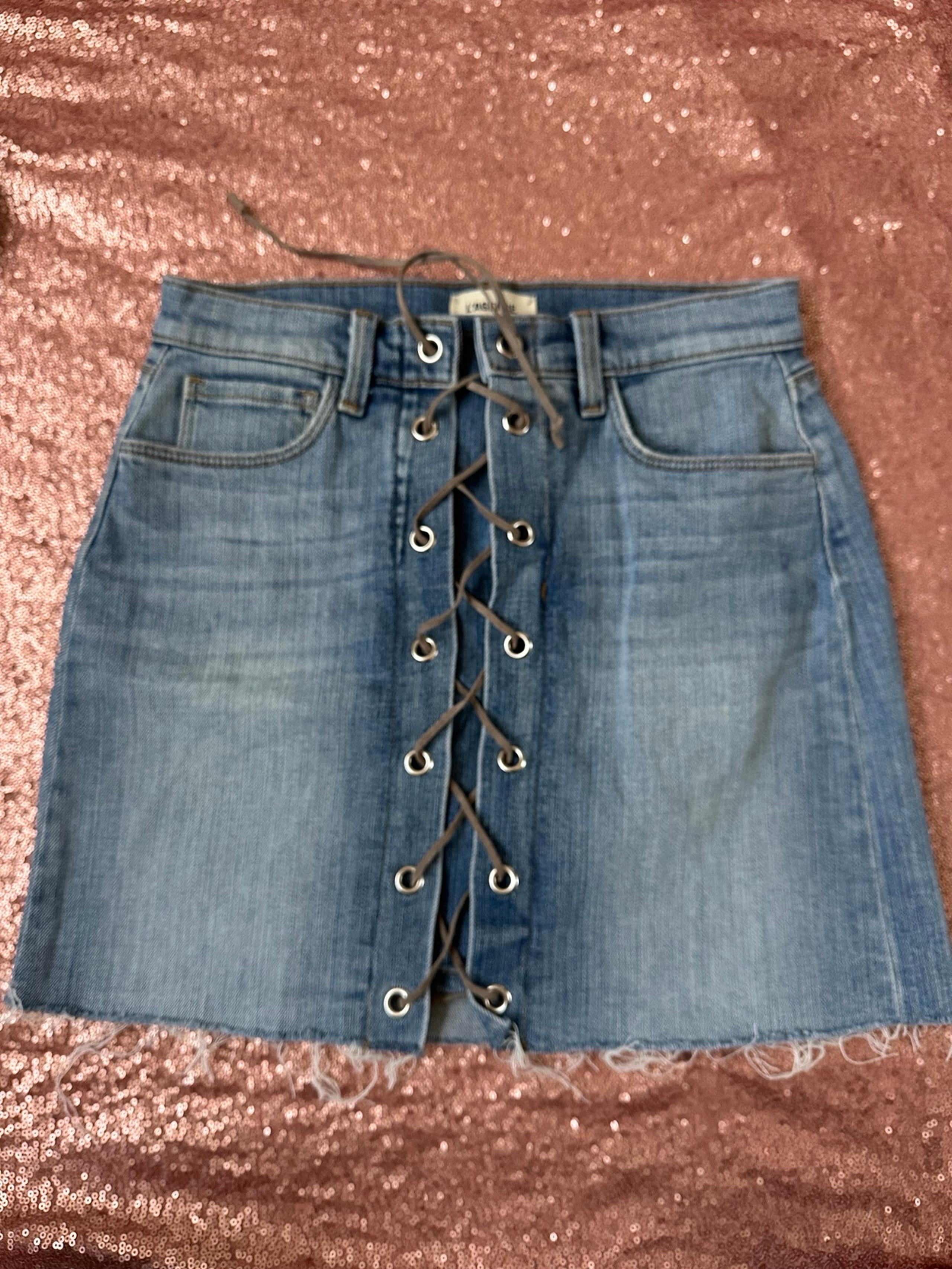L’AGENCE JEANS SKIRT 24 COTTON BLEND BLUE COLOR  LACE UP FRONT, Trend, Chic