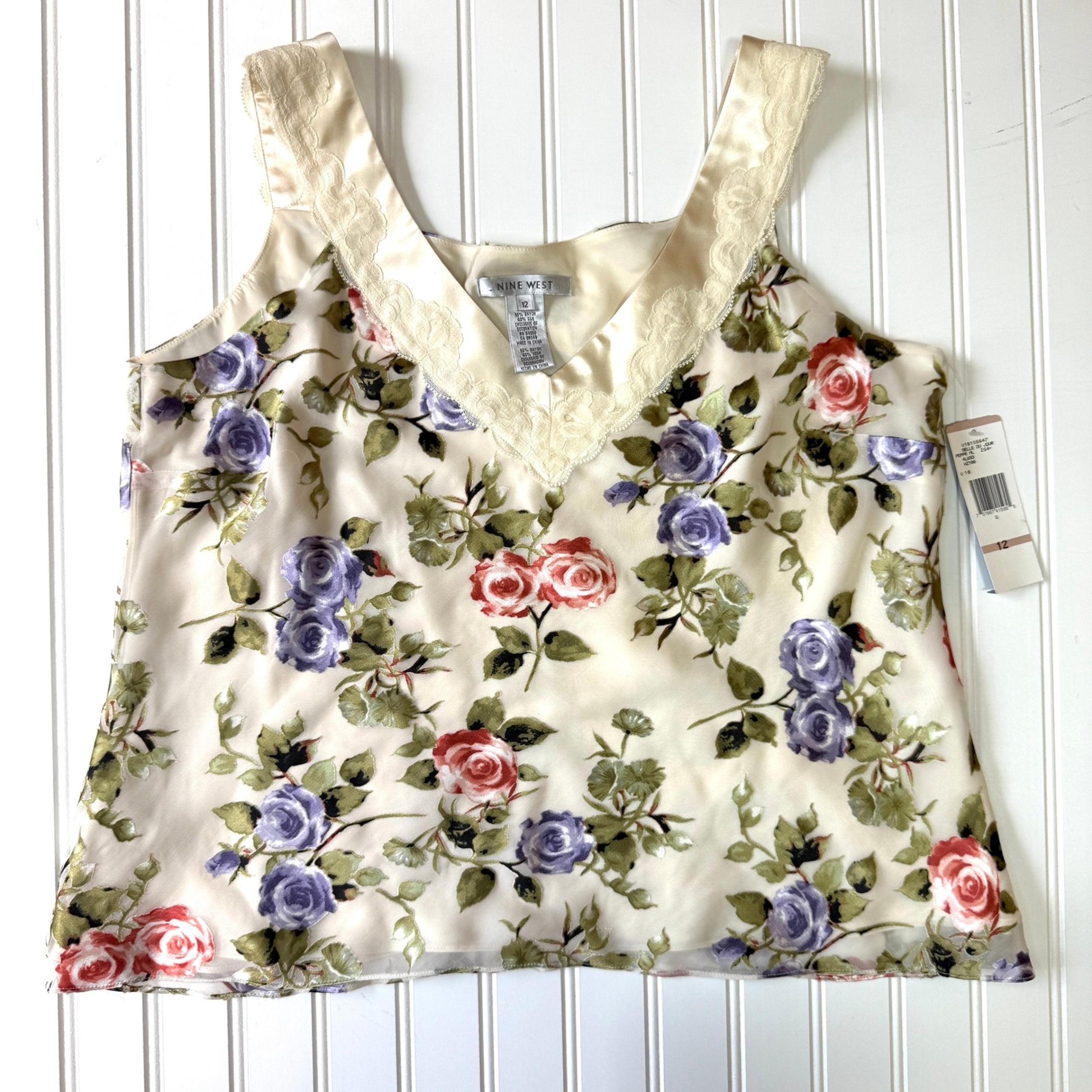 NWT Nine West Camisole Women's Size 12, Ivory Floral Silk Blend vintage 90s Y2K