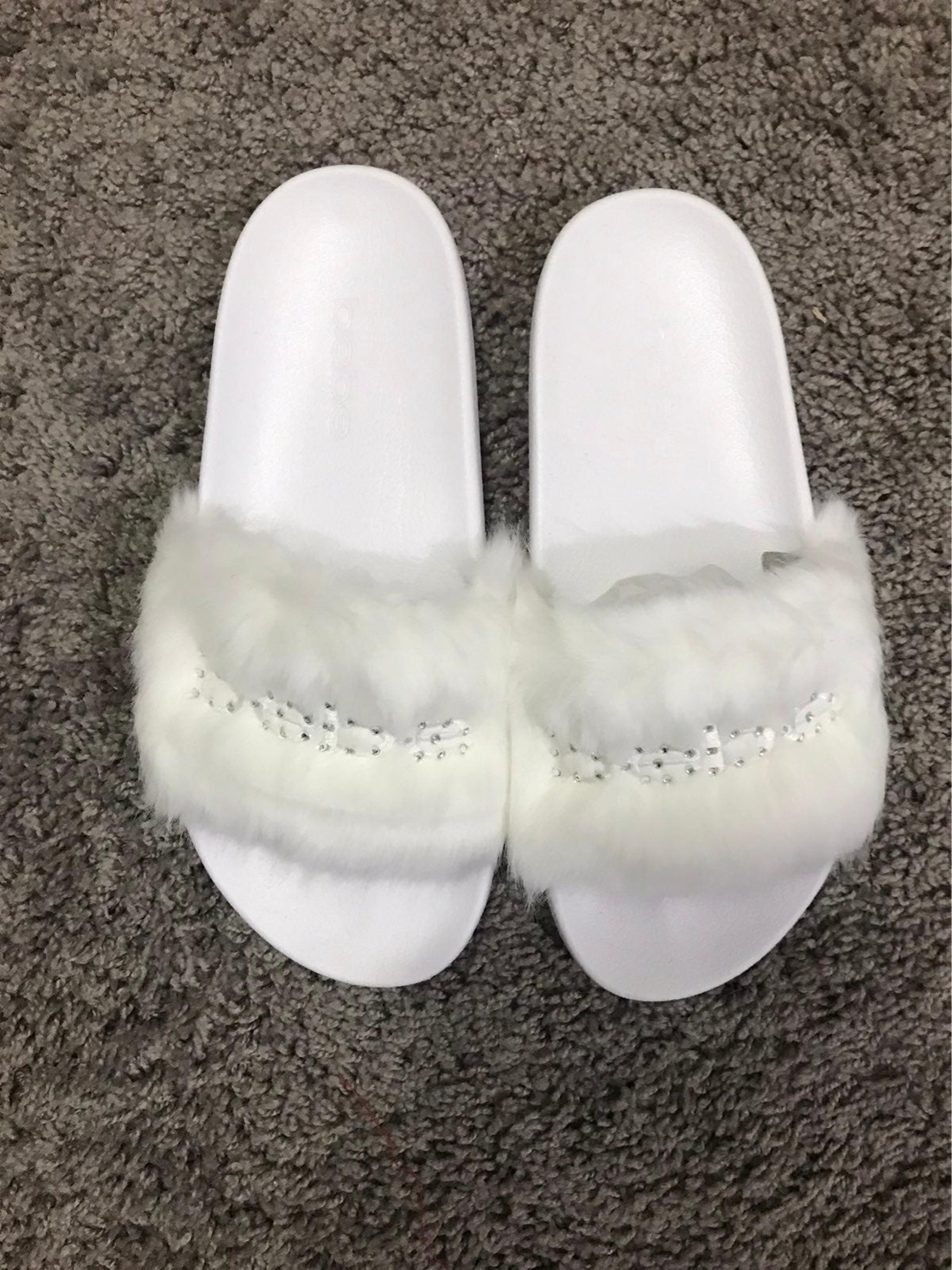 BEBE Faux Fur Logo Rhinestone Slides