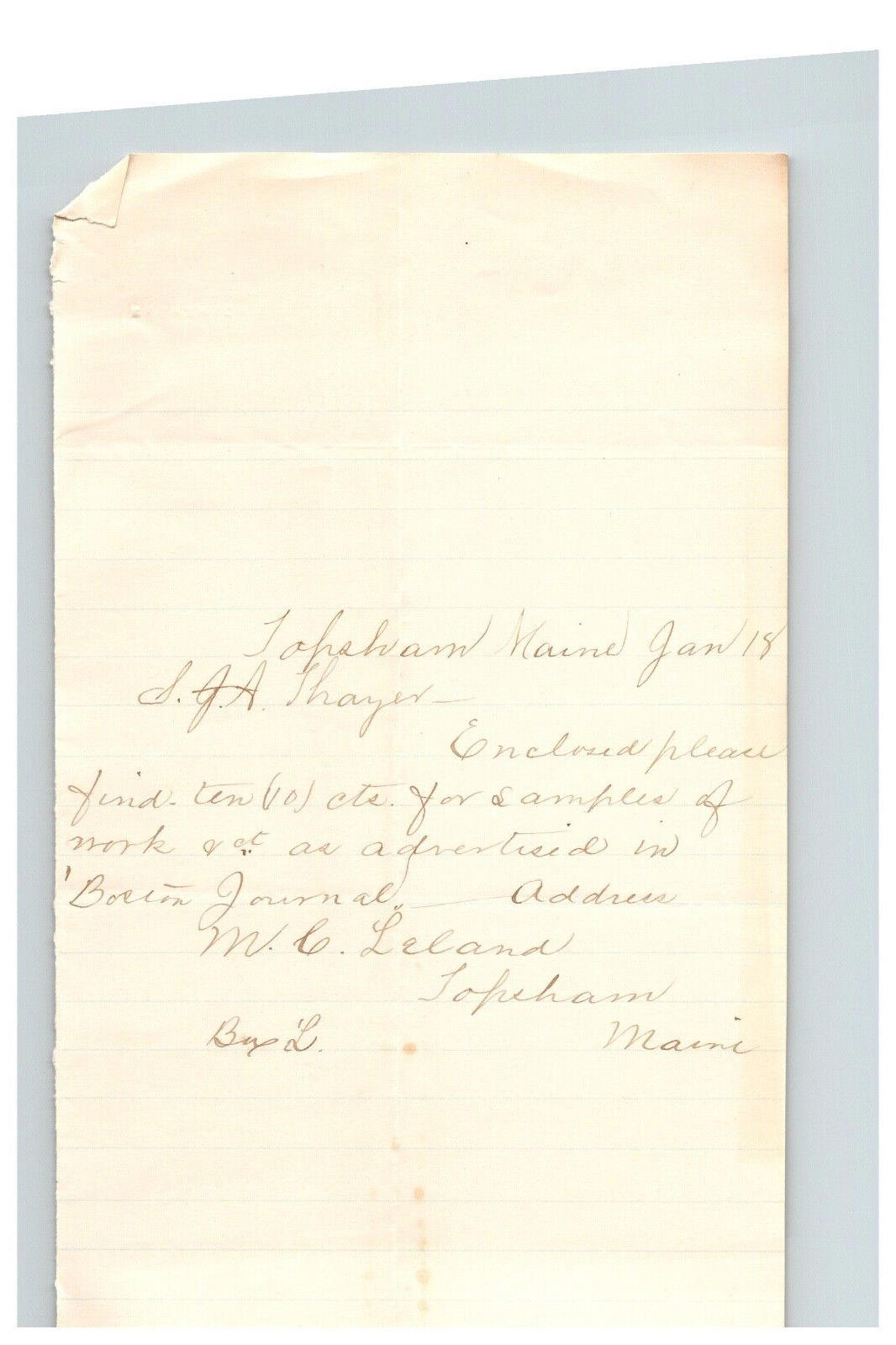 1885 Handwritten Letter M C Leland Topsham ME Maine History Family Genealogy